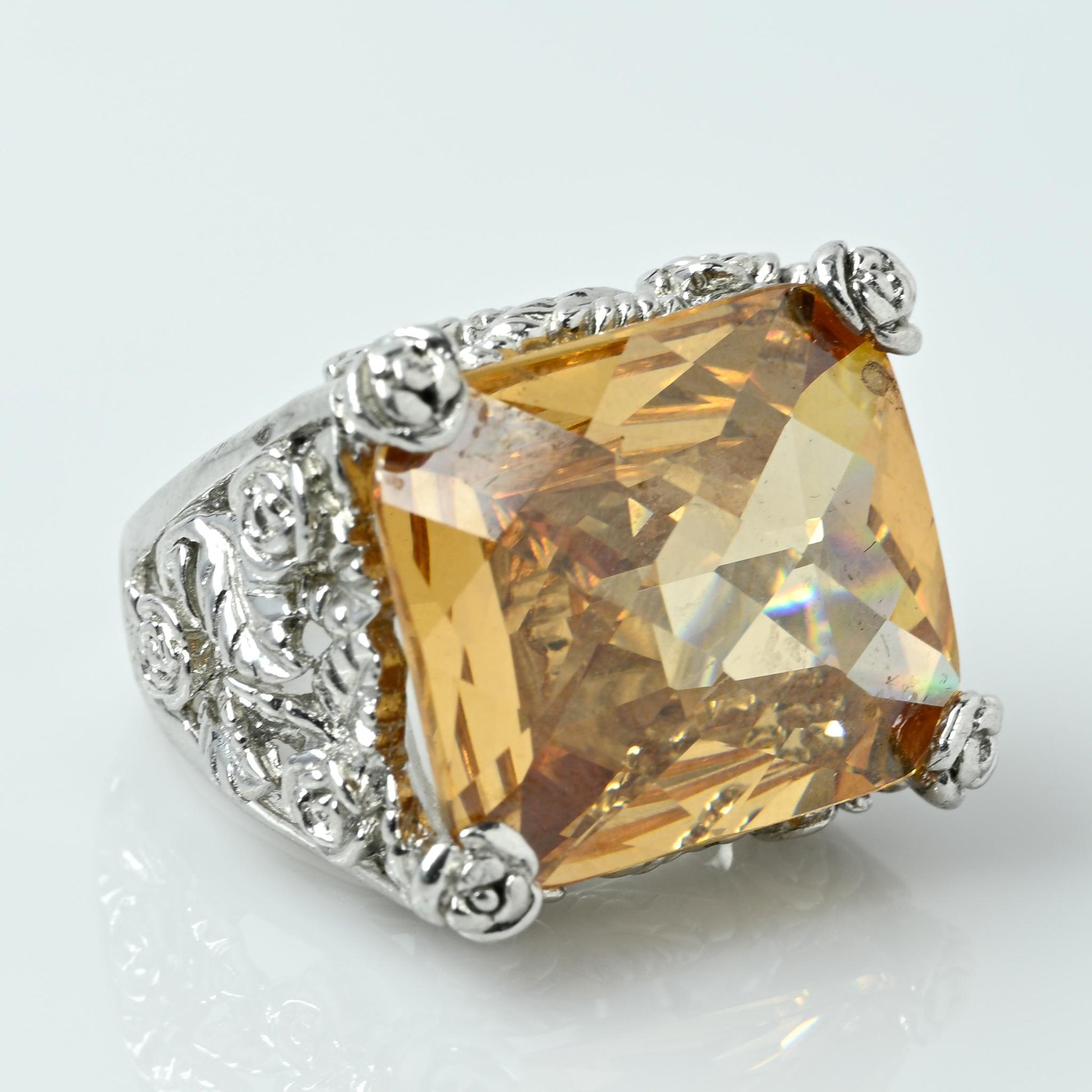 Bold  Citrine Rectangle Rose Motif Statement Ring