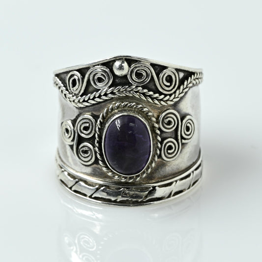 Amethyst Oval Cabochon Wire Work Swirls Wide Sterling Silver Band