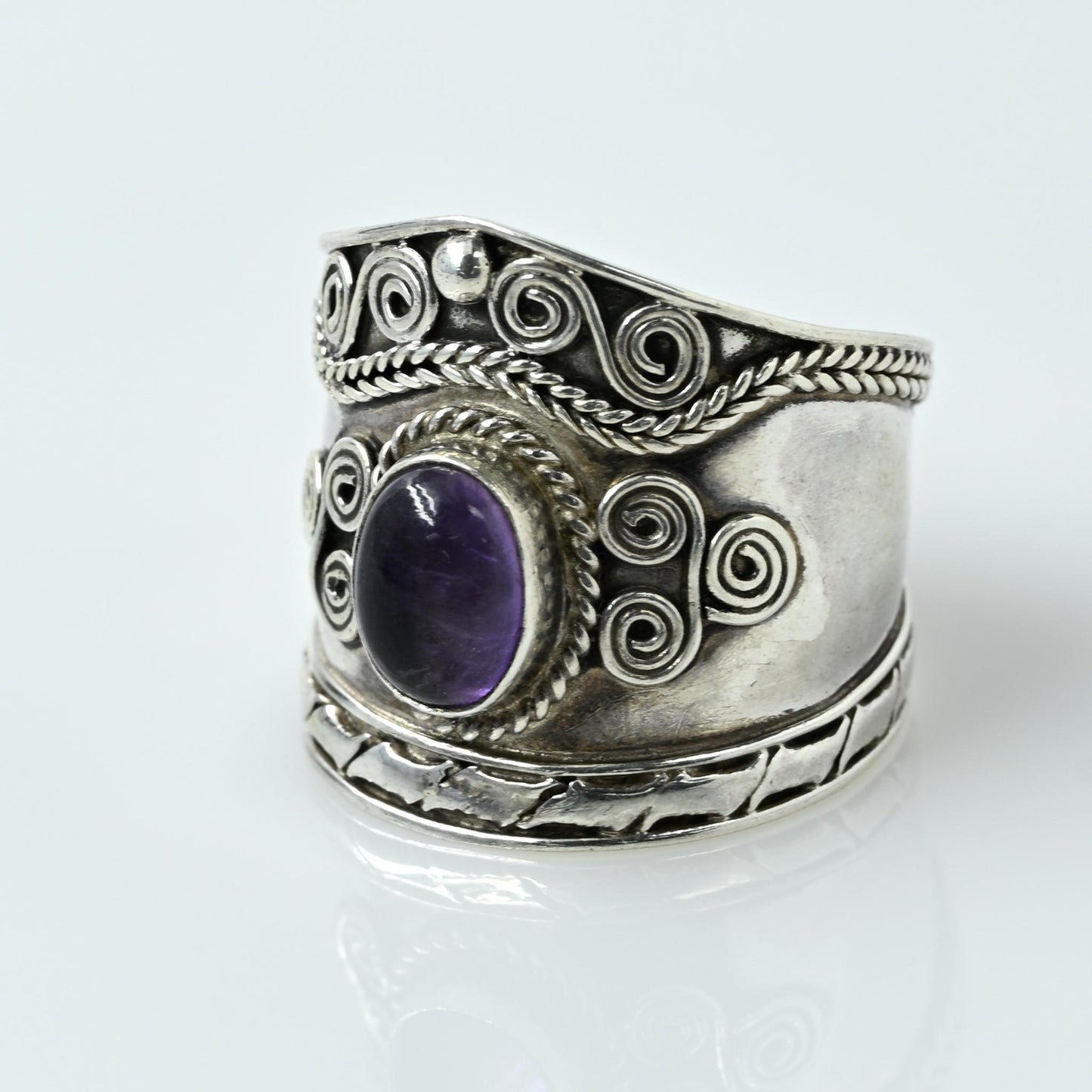 Amethyst Oval Cabochon Wire Work Swirls Wide Sterling Silver Band