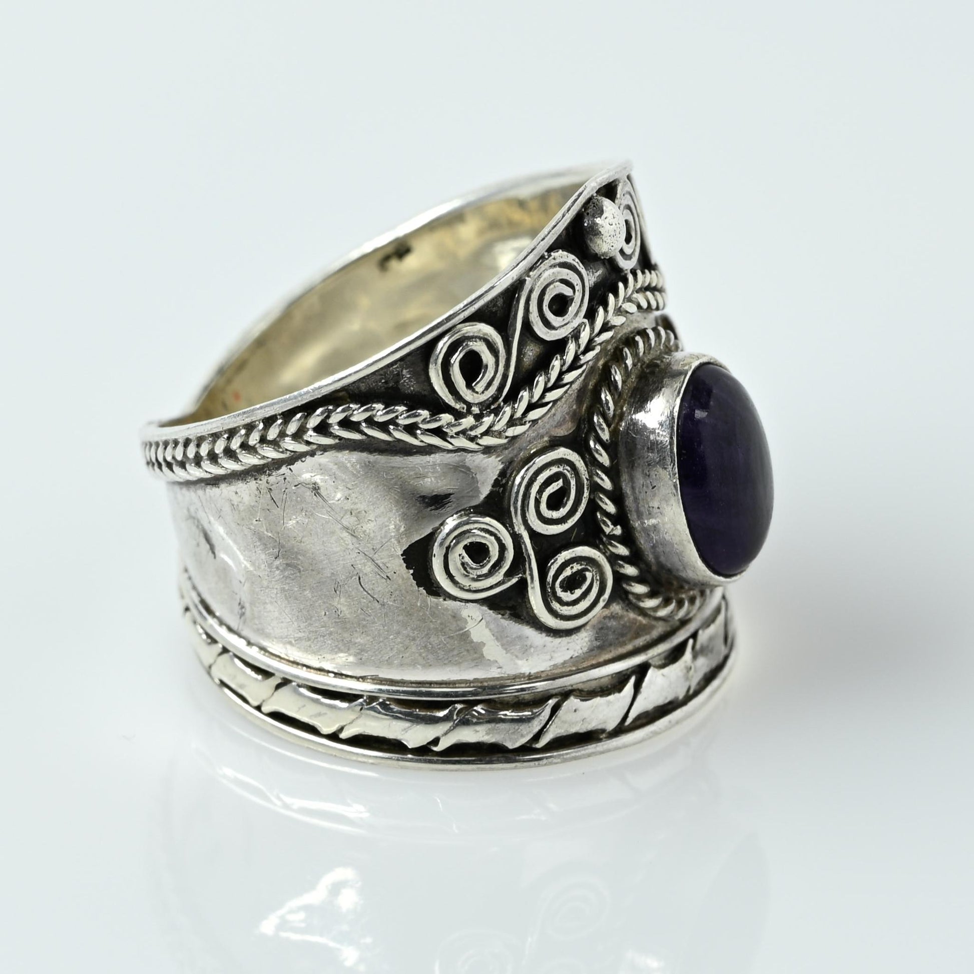 Amethyst Oval Cabochon Wire Work Swirls Wide Sterling Silver Band