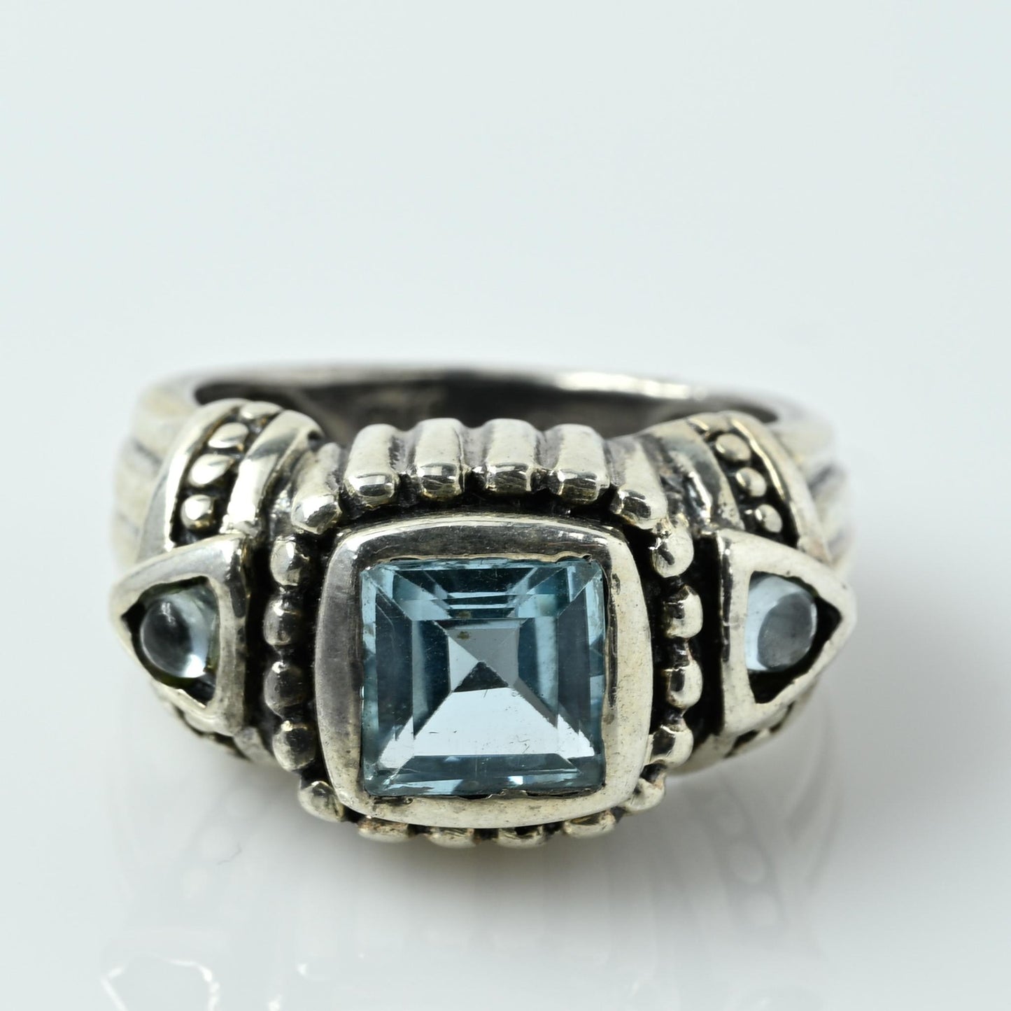 Blue Topaz Asscher & Round Cab Cut Gemstone Sterling Silver Ring