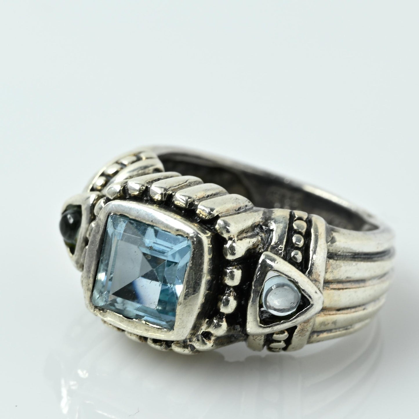 Blue Topaz Asscher & Round Cab Cut Gemstone Sterling Silver Ring