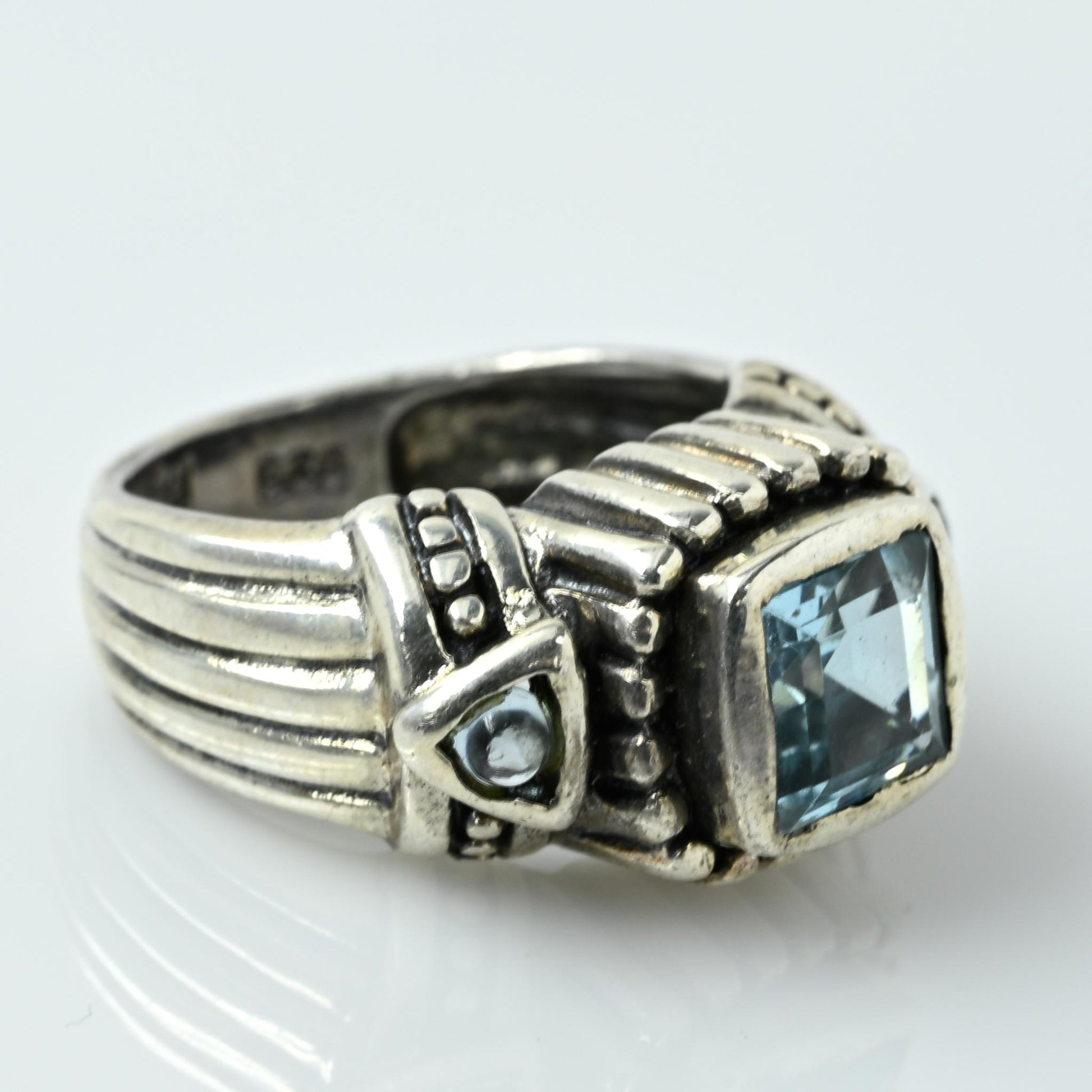 Blue Topaz Asscher & Round Cab Cut Gemstone Sterling Silver Ring