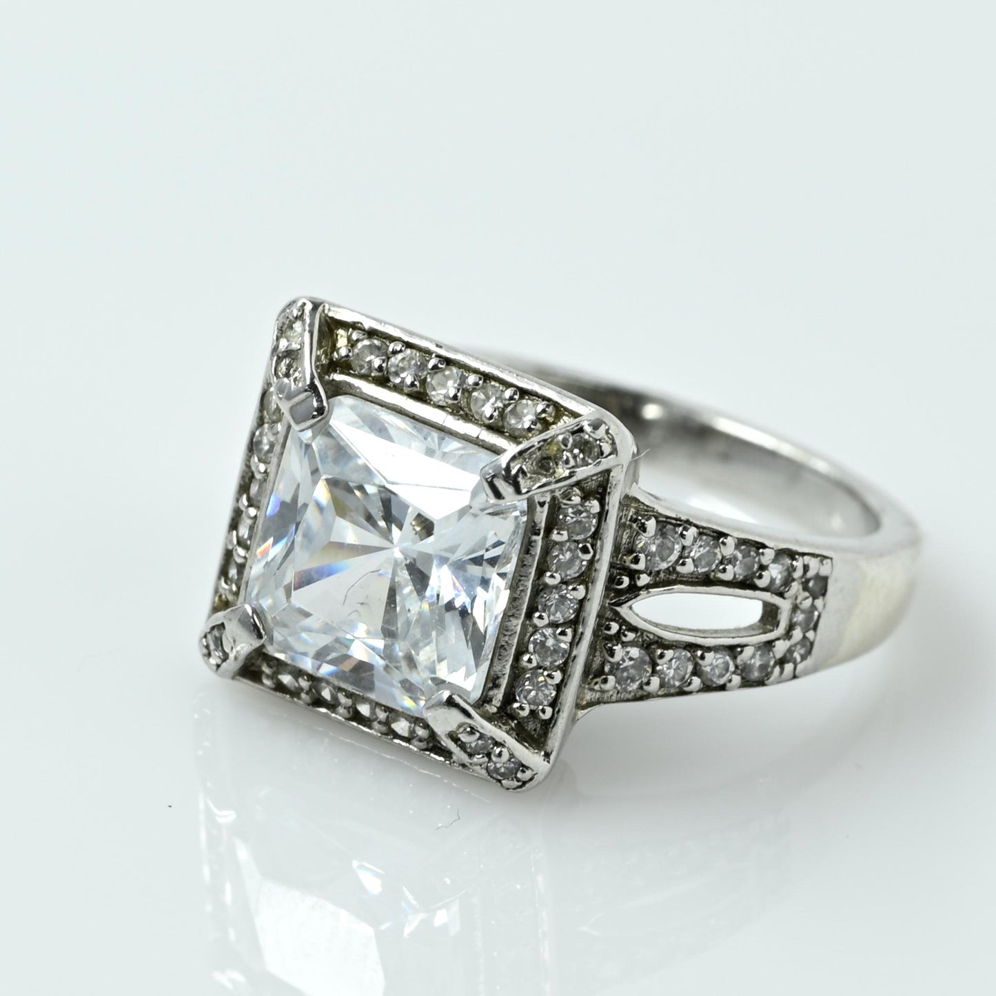 Square CZ Halo Sterling Silver Ring