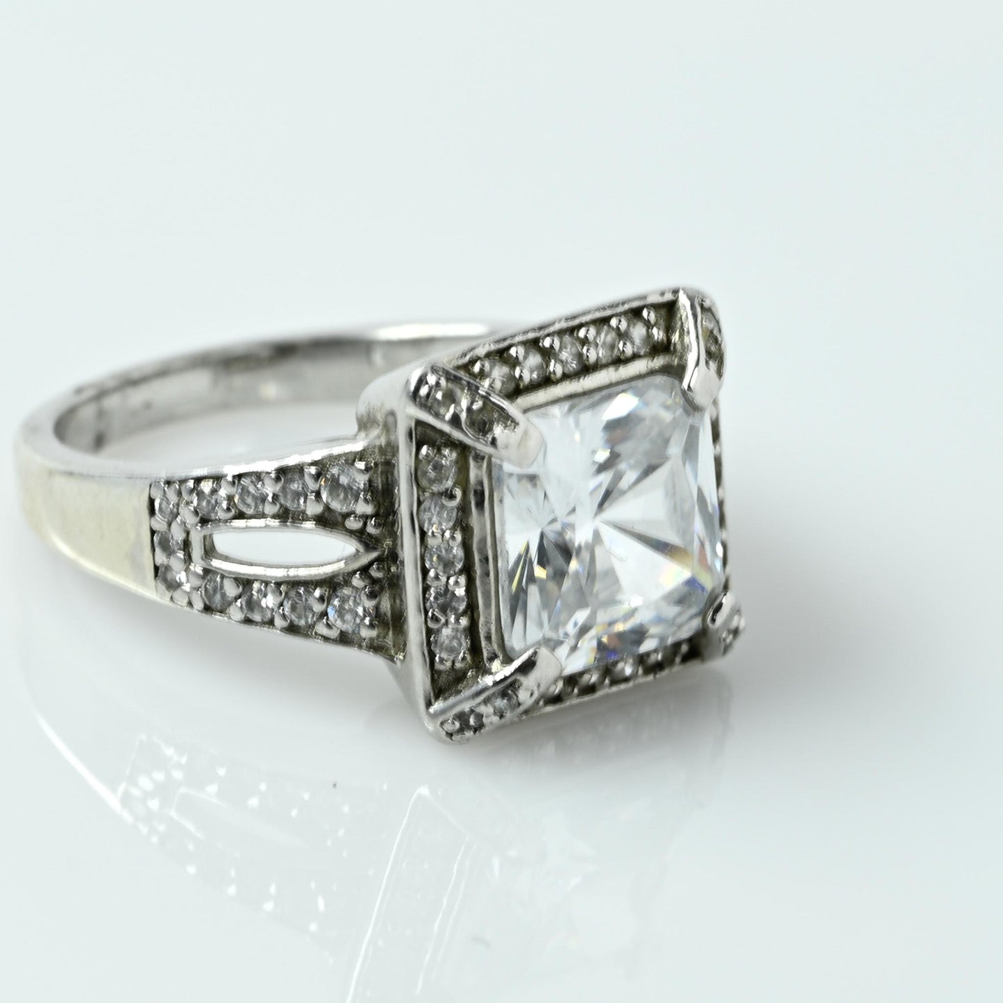 Square CZ Halo Sterling Silver Ring