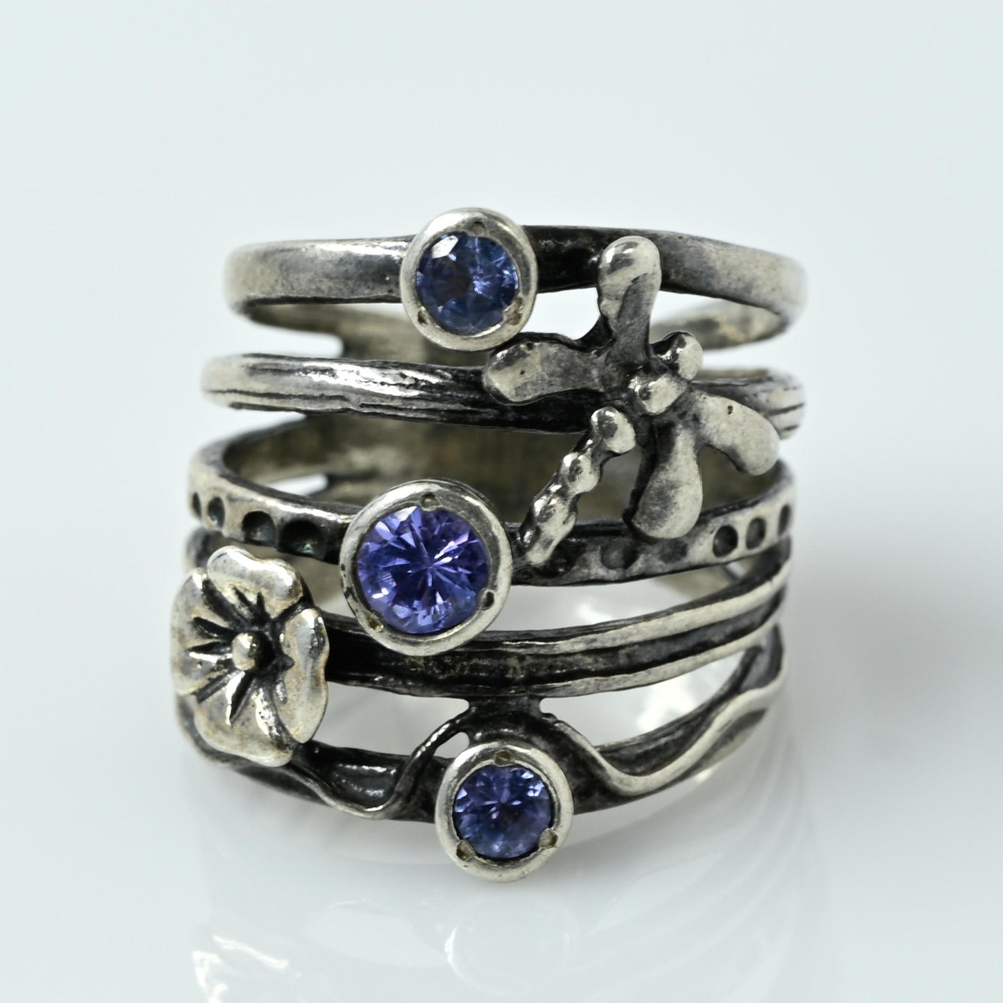 Flower & Gemstone Multi Band "Stacked" Sterling Silver Ring