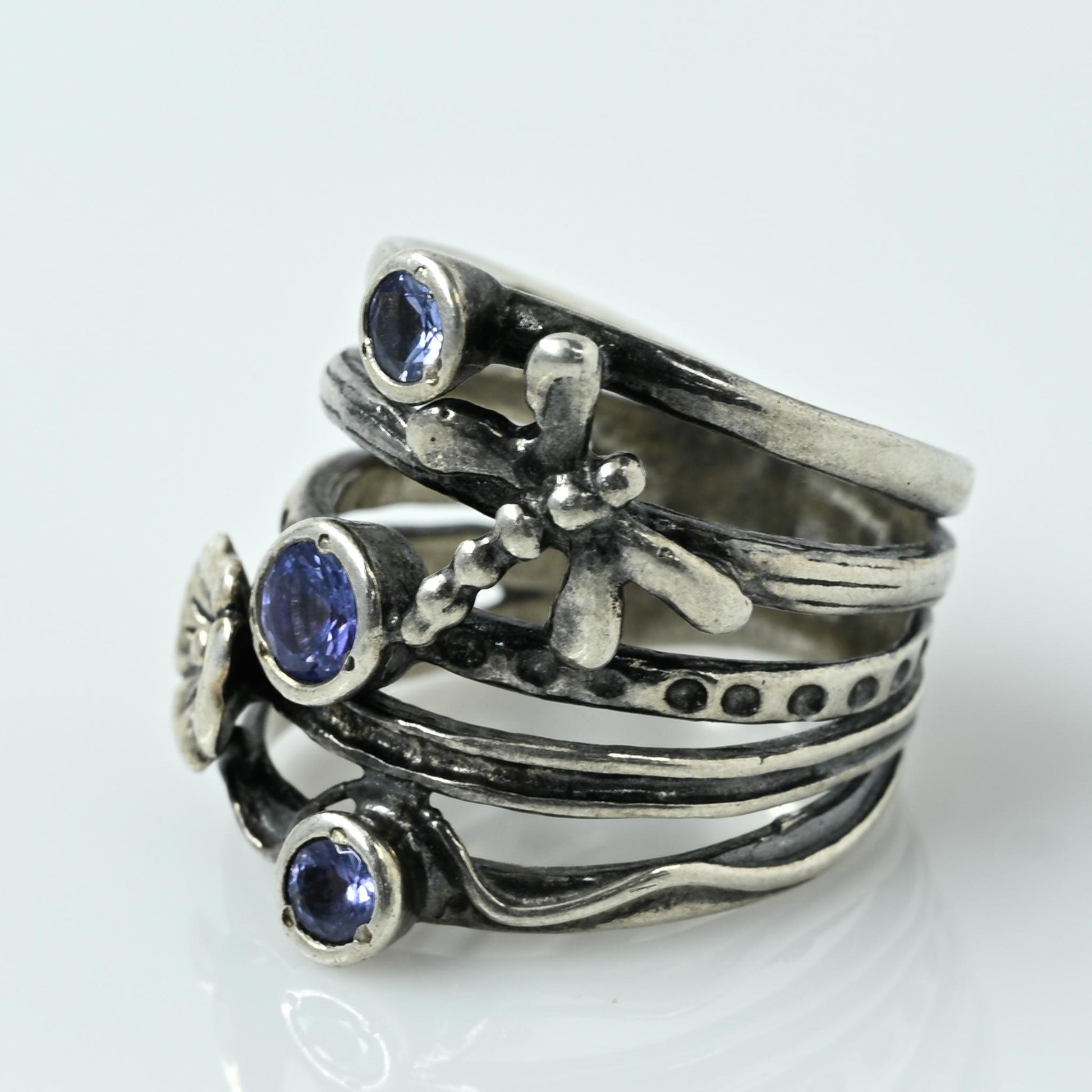 Flower & Gemstone Multi Band "Stacked" Sterling Silver Ring