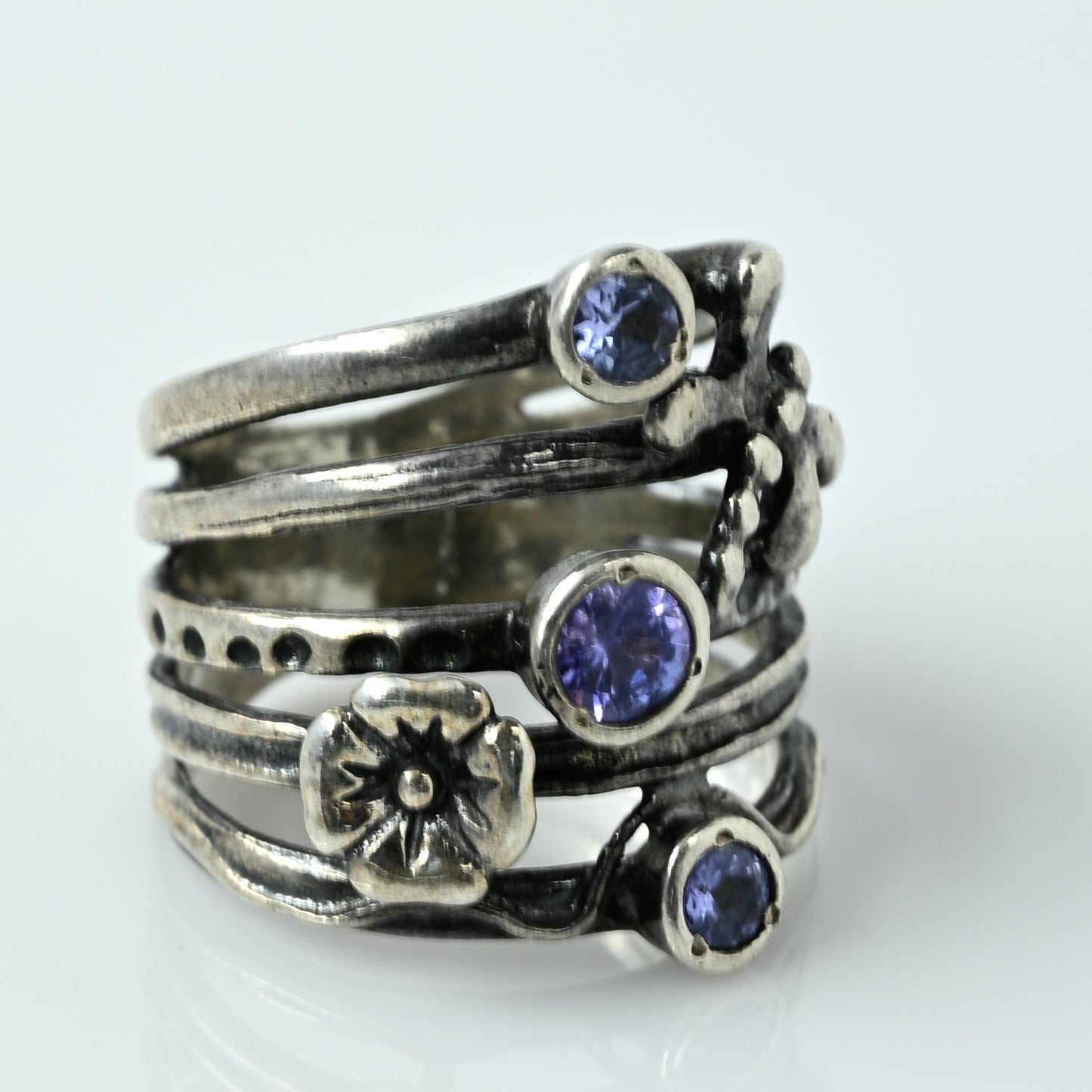 Flower & Gemstone Multi Band "Stacked" Sterling Silver Ring