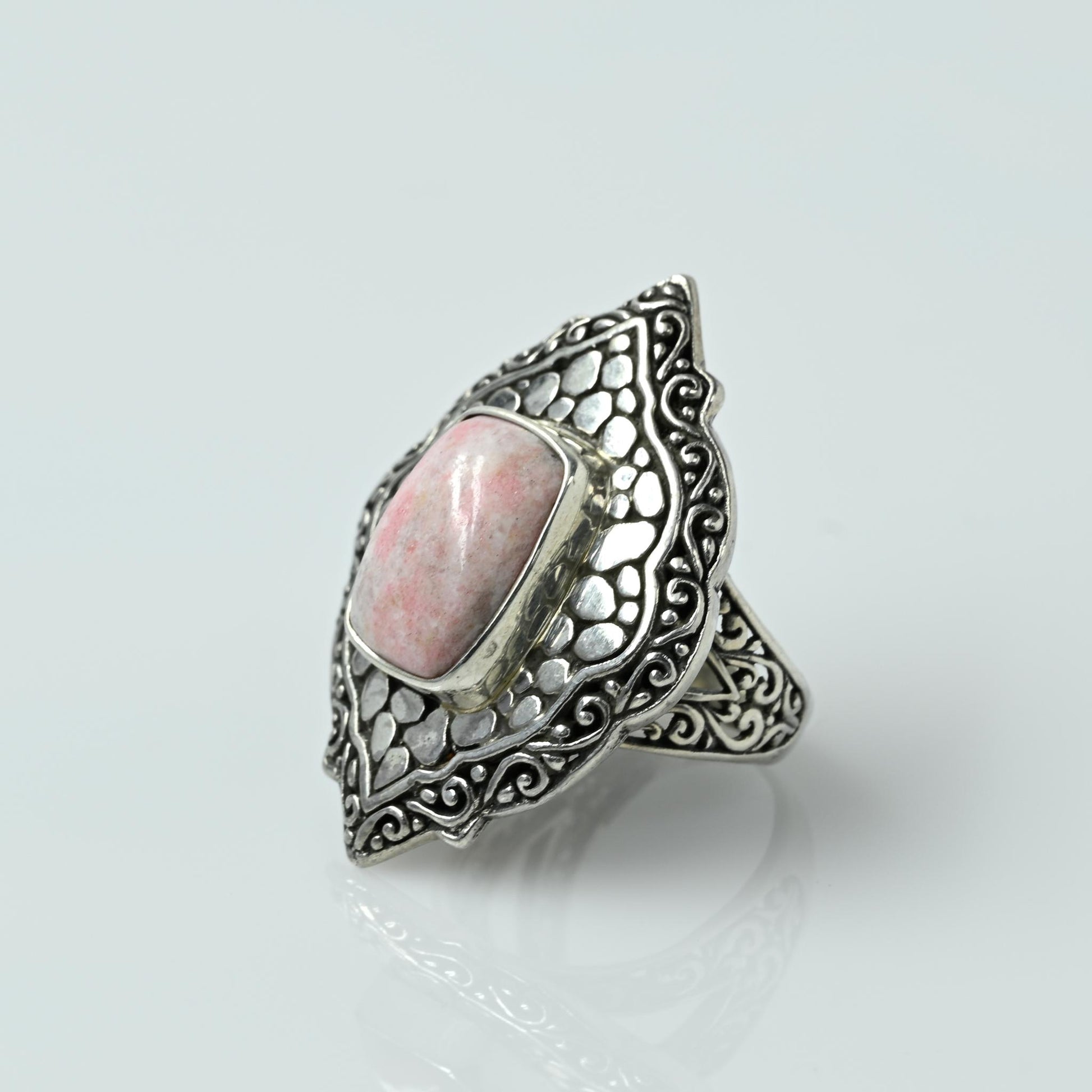 Bali Rhodochrosite Pink Gemstone Sterling Silver Ring