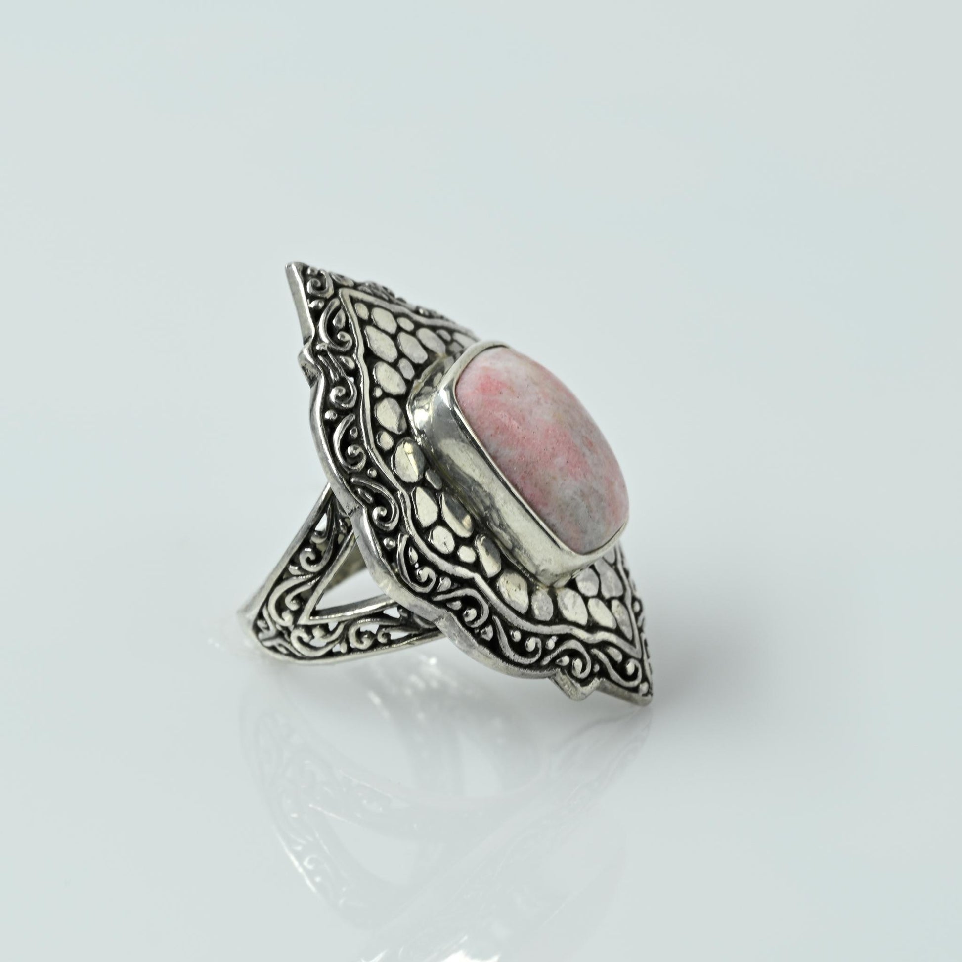 Bali Rhodochrosite Pink Gemstone Sterling Silver Ring