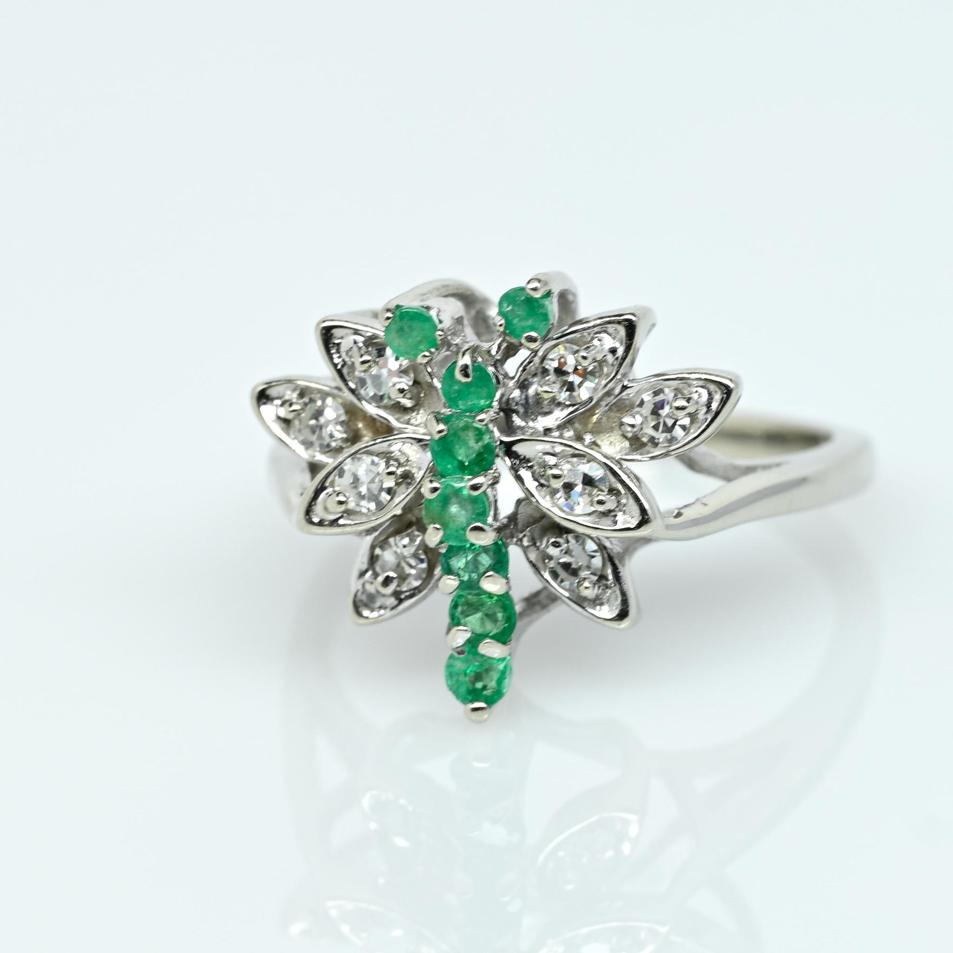 Emerald & Diamond Cluster Butterfly Cluster 14k White Gold Ring