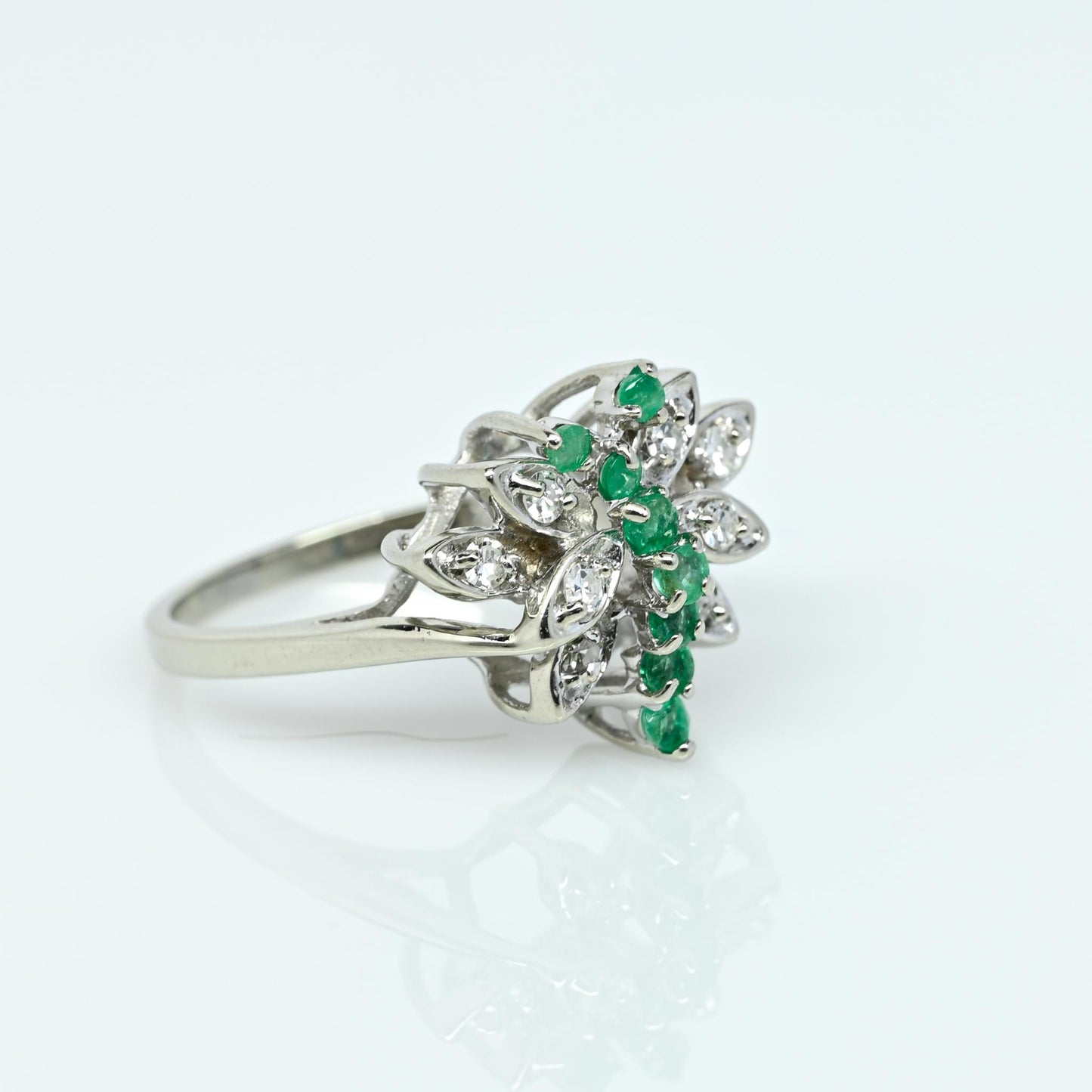 Emerald & Diamond Cluster Butterfly Cluster 14k White Gold Ring