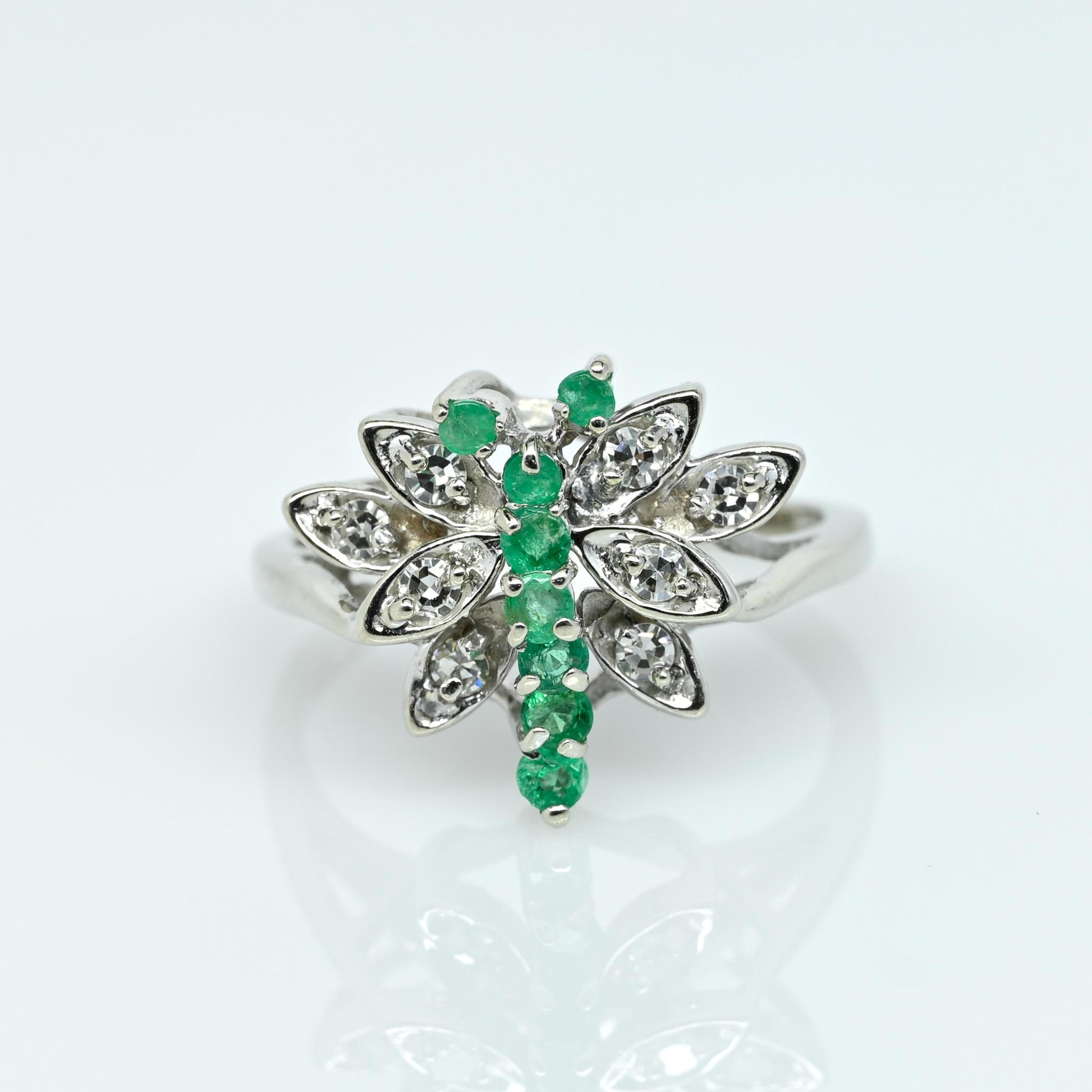 Emerald & Diamond Cluster Butterfly Cluster 14k White Gold Ring