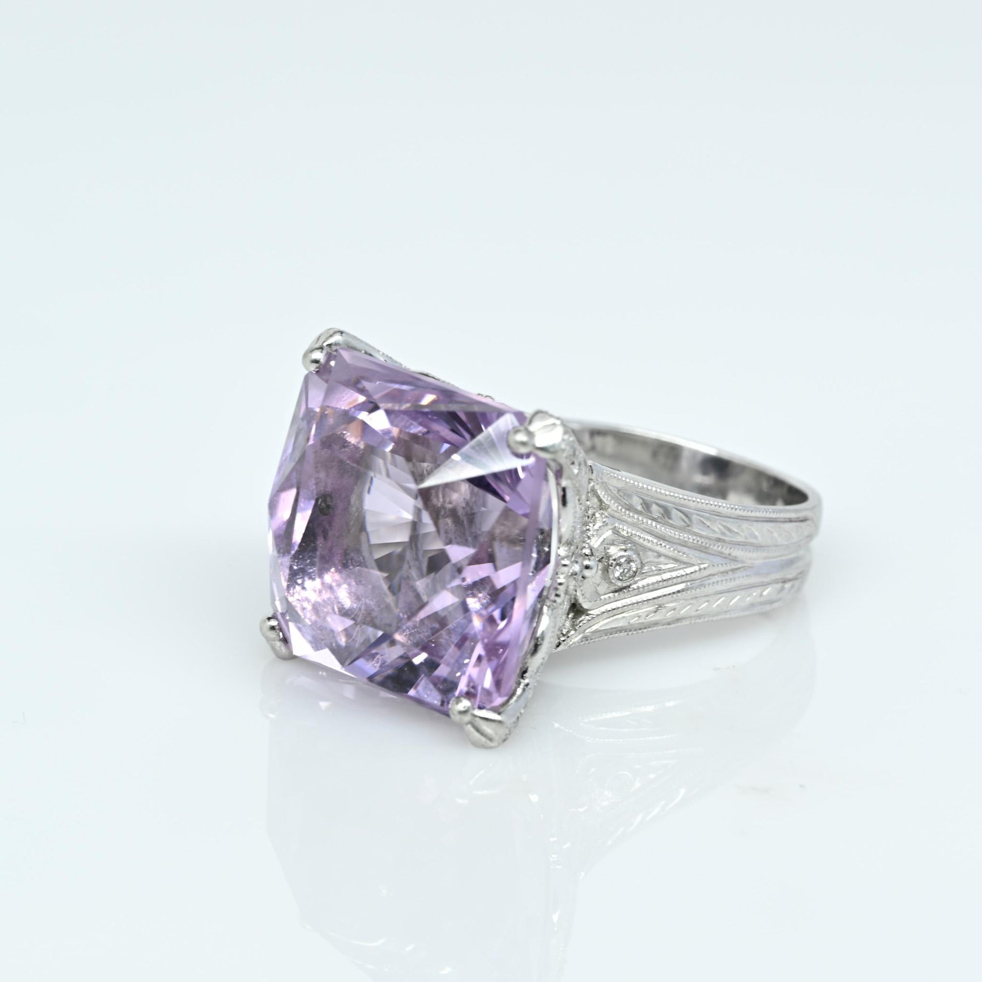 Impressive Fancy Cut Amethyst & Diamond Engraved Platinum Ring