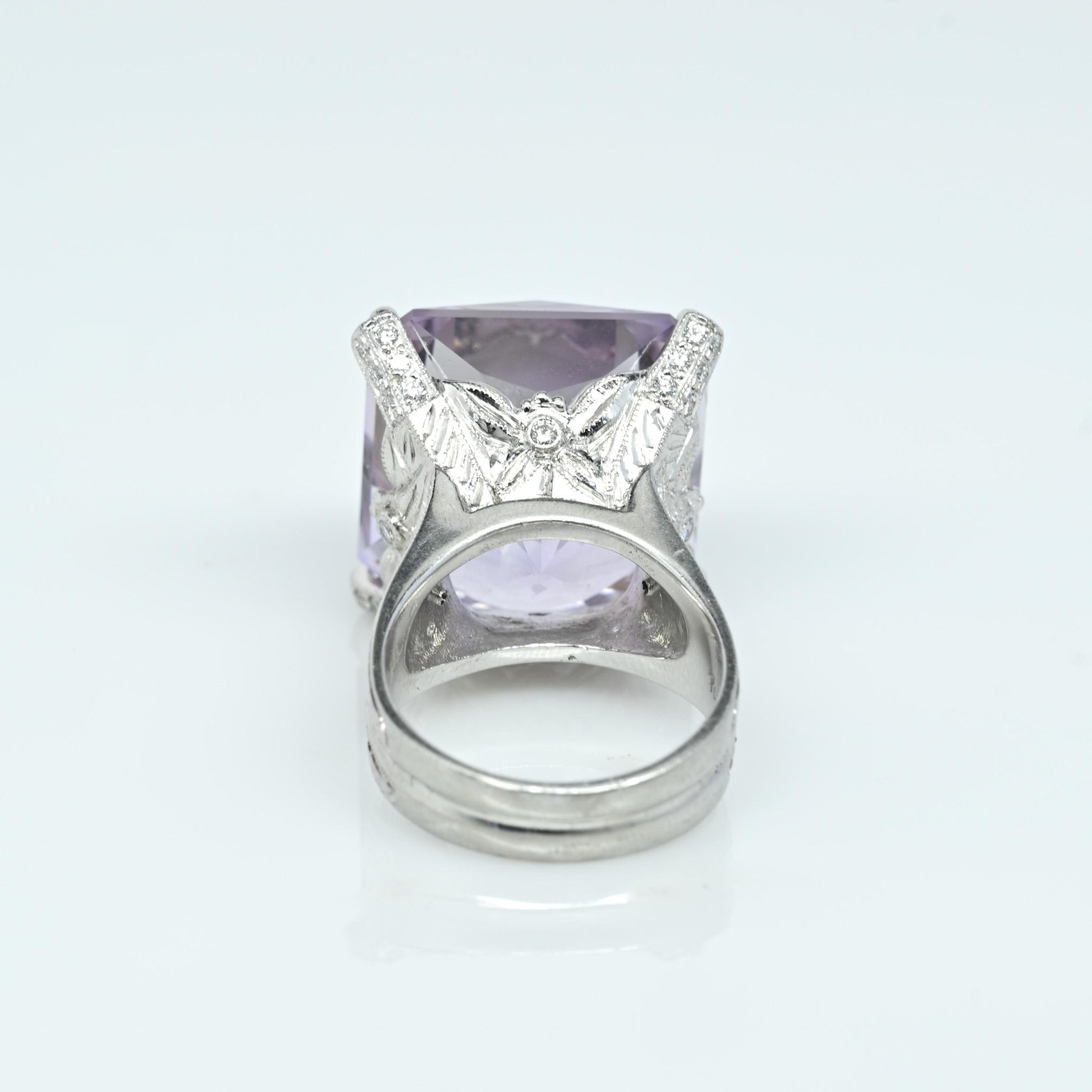 Impressive Fancy Cut Amethyst & Diamond Engraved Platinum Ring