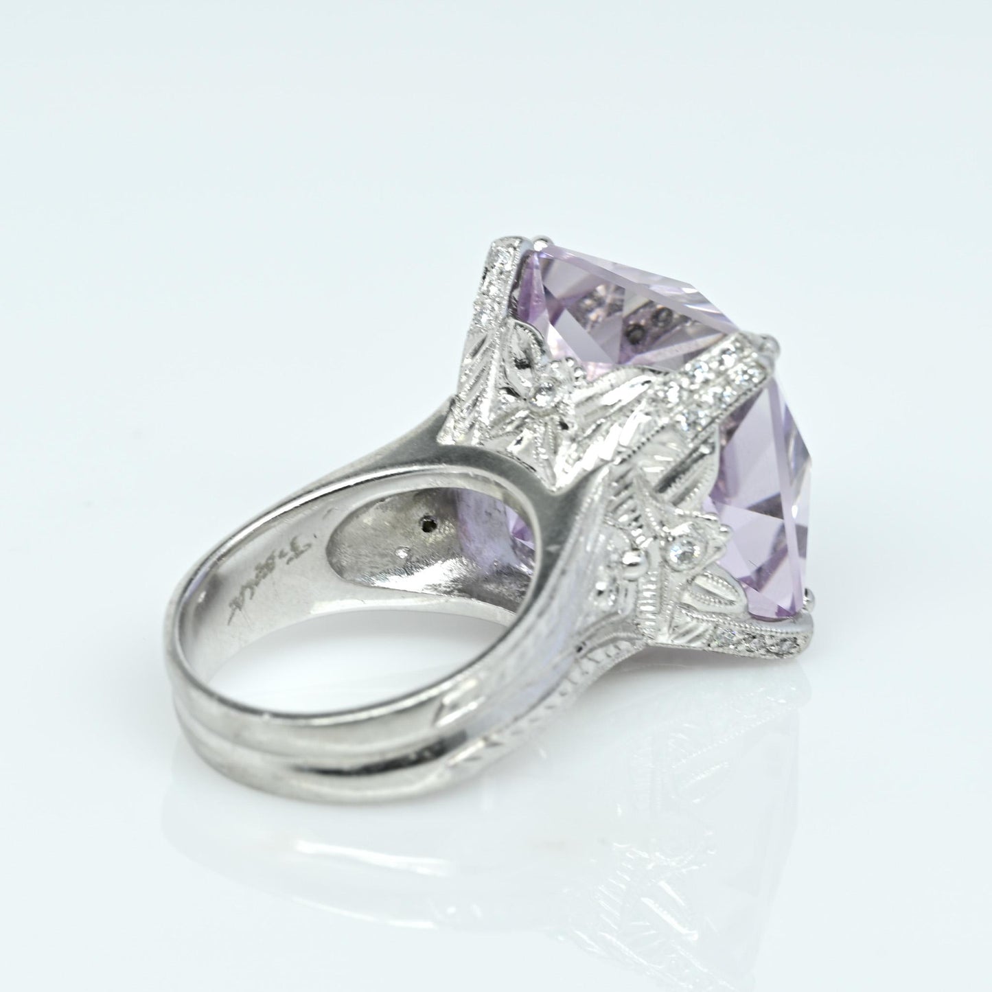 Impressive Fancy Cut Amethyst & Diamond Engraved Platinum Ring