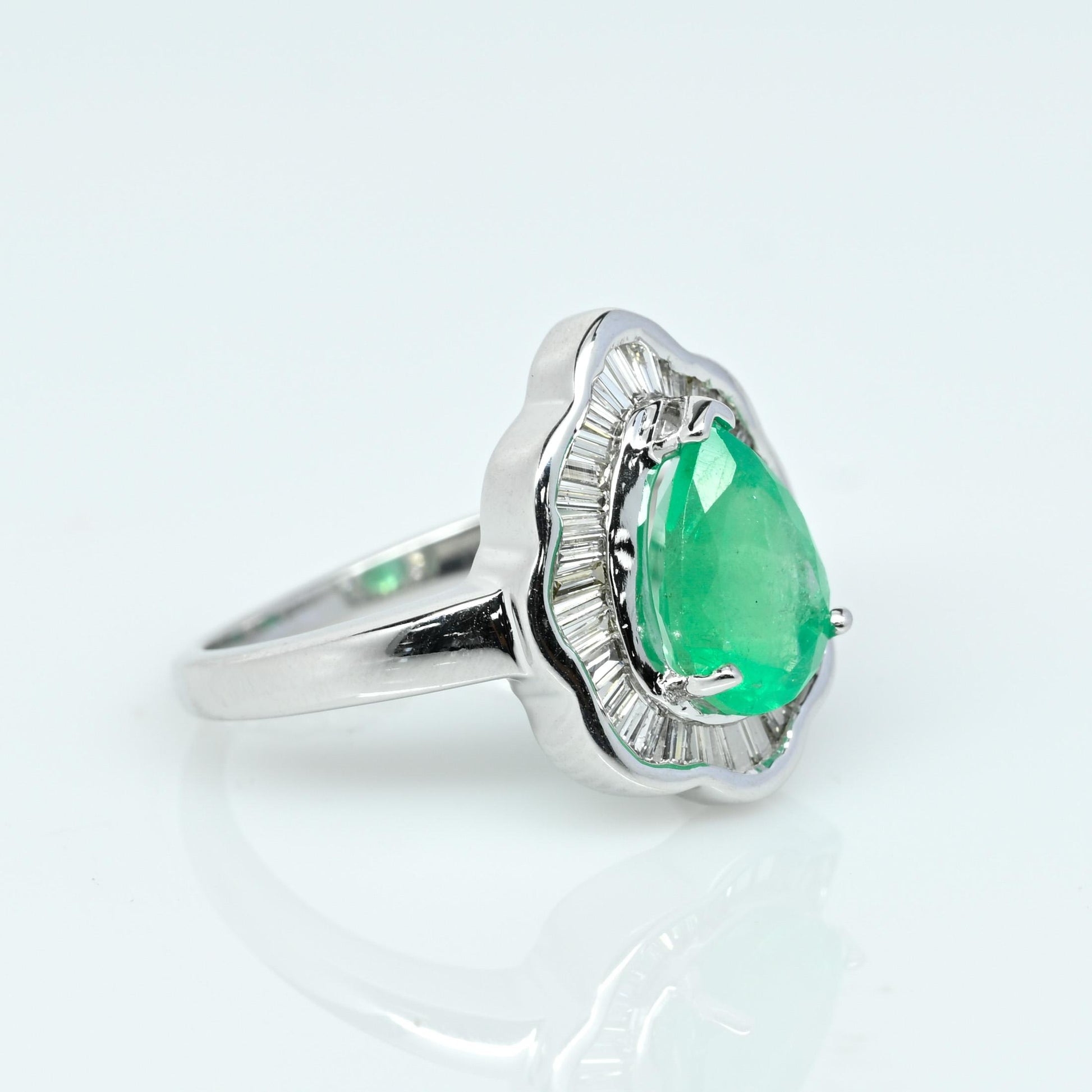 Emerald Pear Diamond Baguette Ballerina Ring 14 White Gold