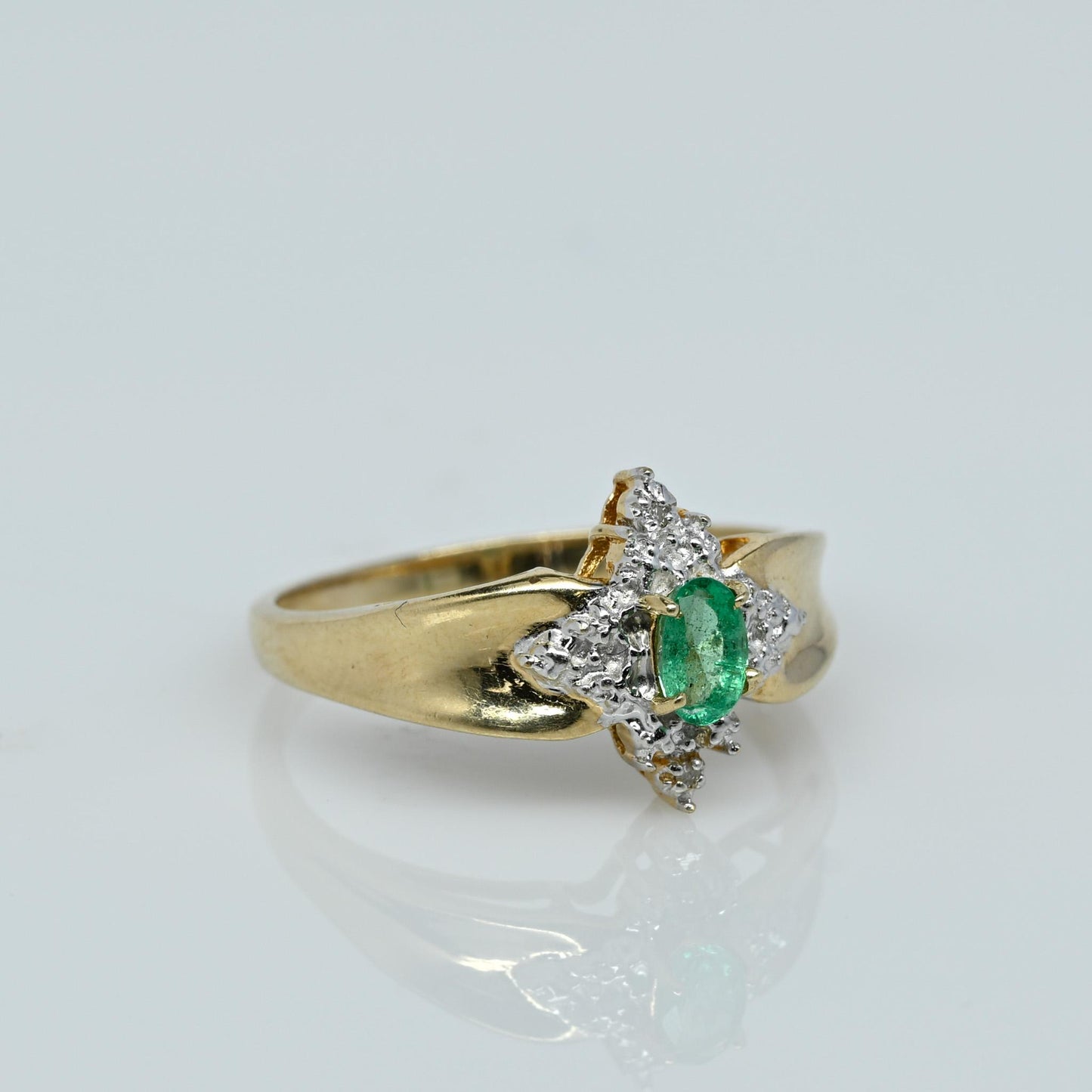 Emerald Oval & Diamond Cluster Yellow Gold Ring