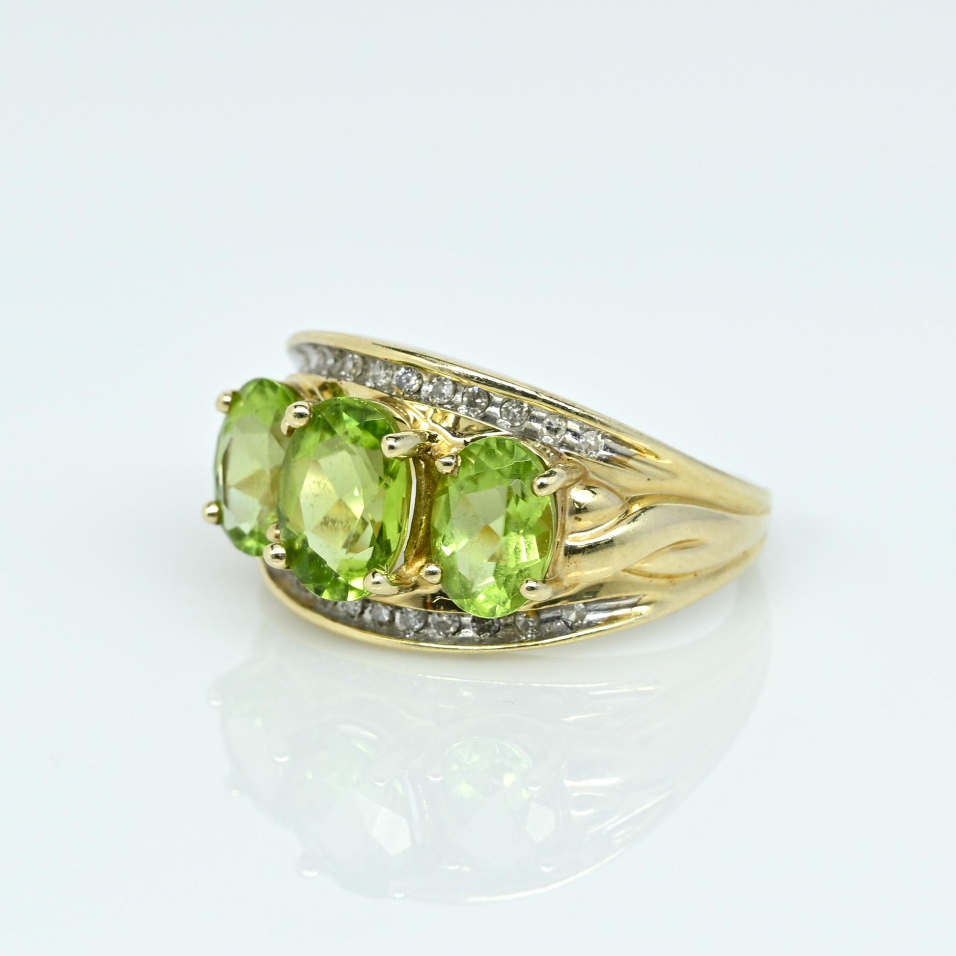 3 Oval Peridot & Diamond 10K Yellow Gold Ring