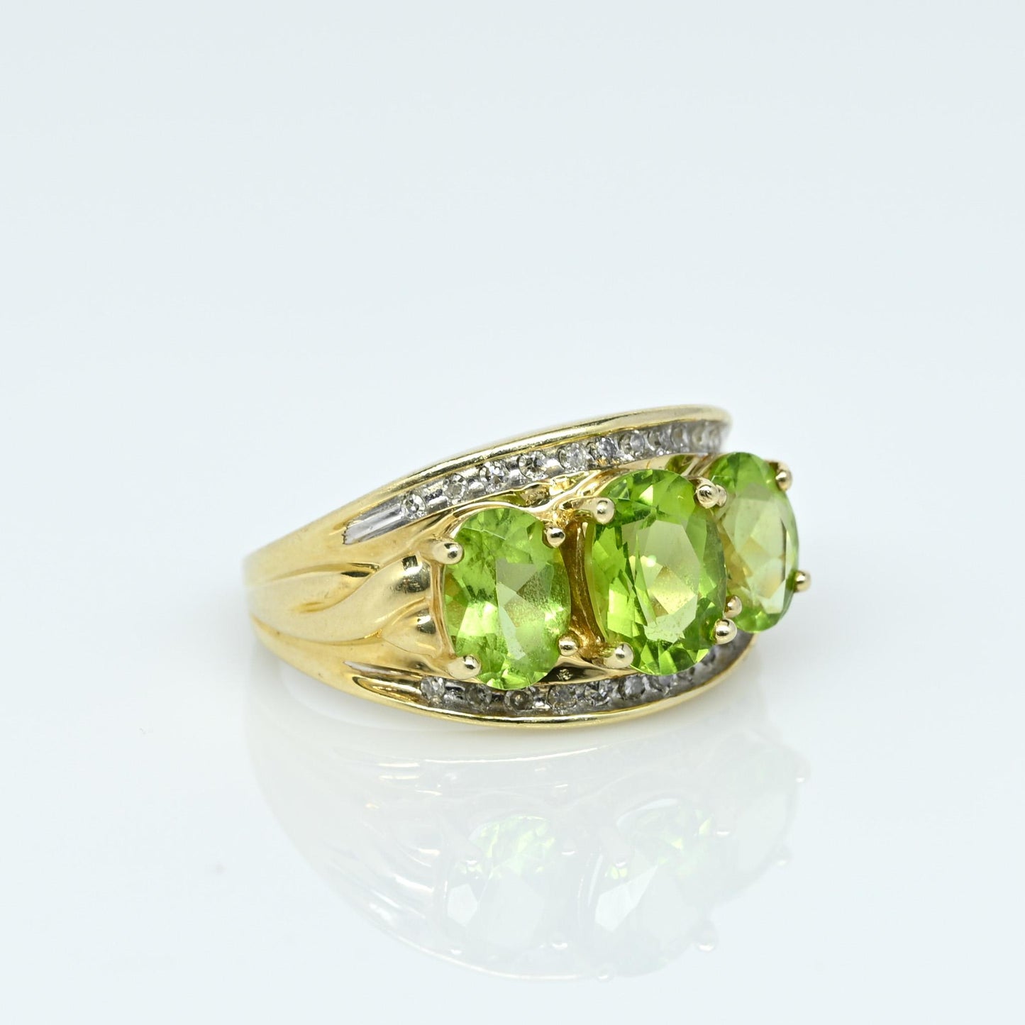 3 Oval Peridot & Diamond 10K Yellow Gold Ring