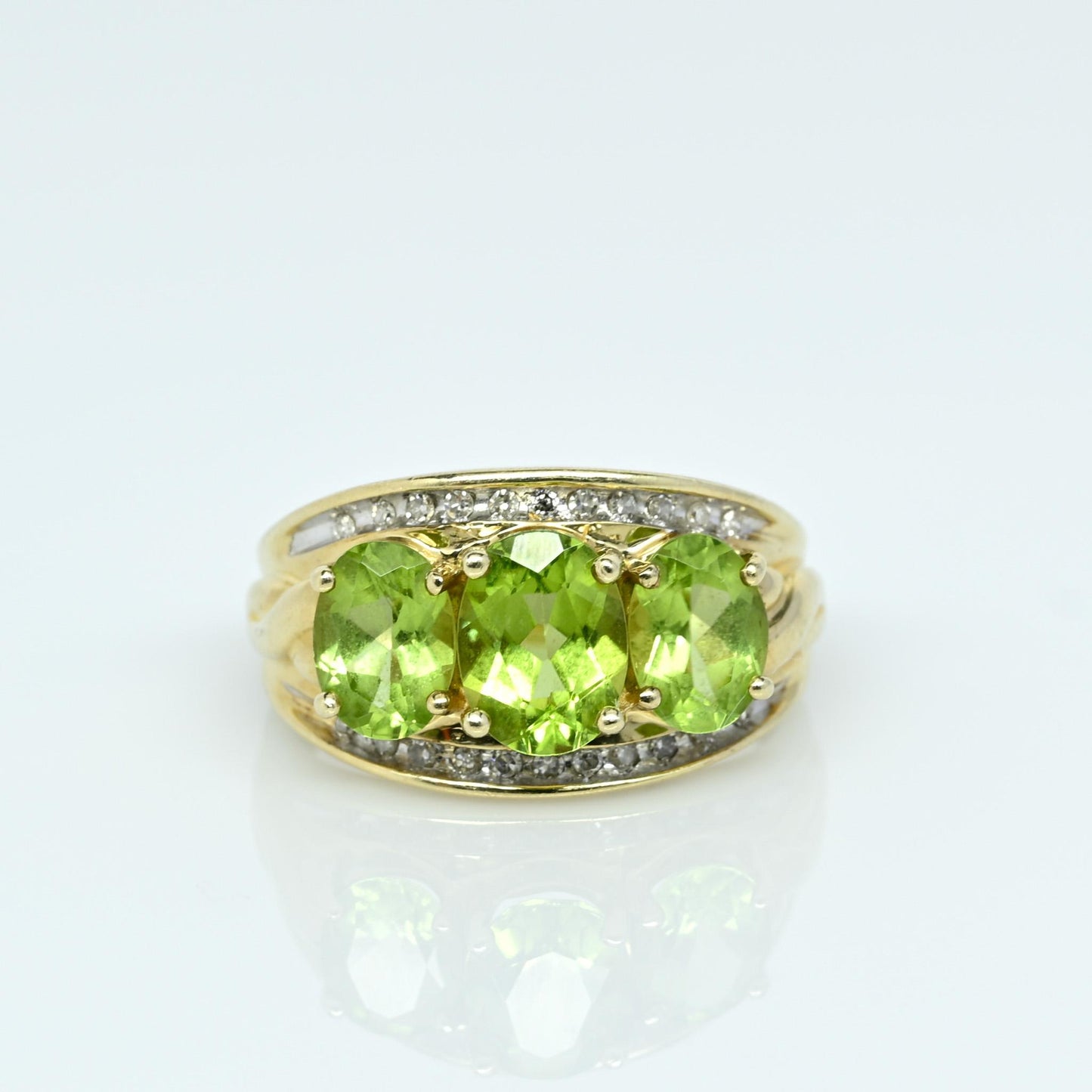 3 Oval Peridot & Diamond 10K Yellow Gold Ring