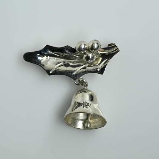 Christmas Bell Mistletoe Sterling Silver Mexican Brooch