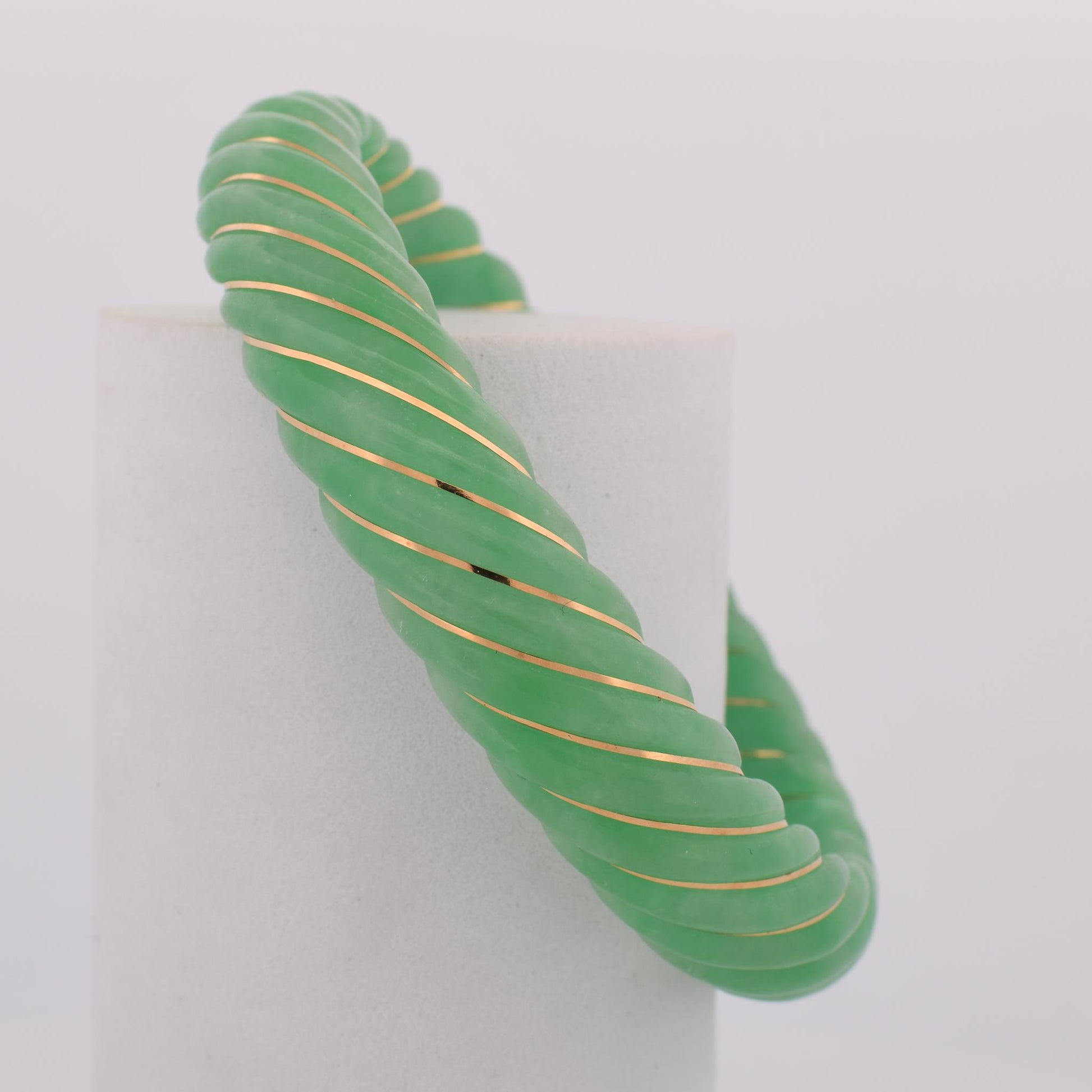 Carved Jade 14k Yellow Gold Accent Bangle Bracelet