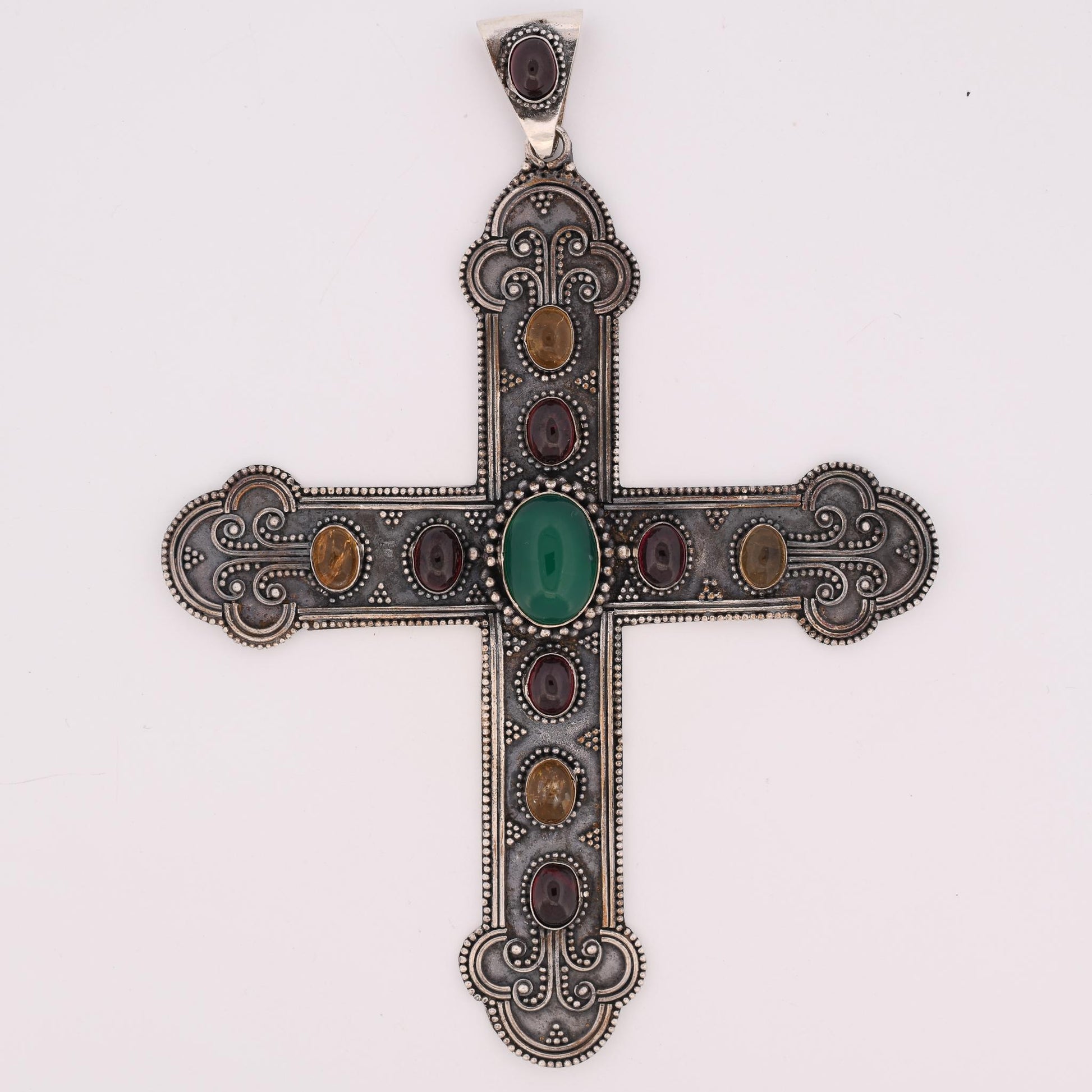 Large Gemstone Sterling Silver Cross Pendant