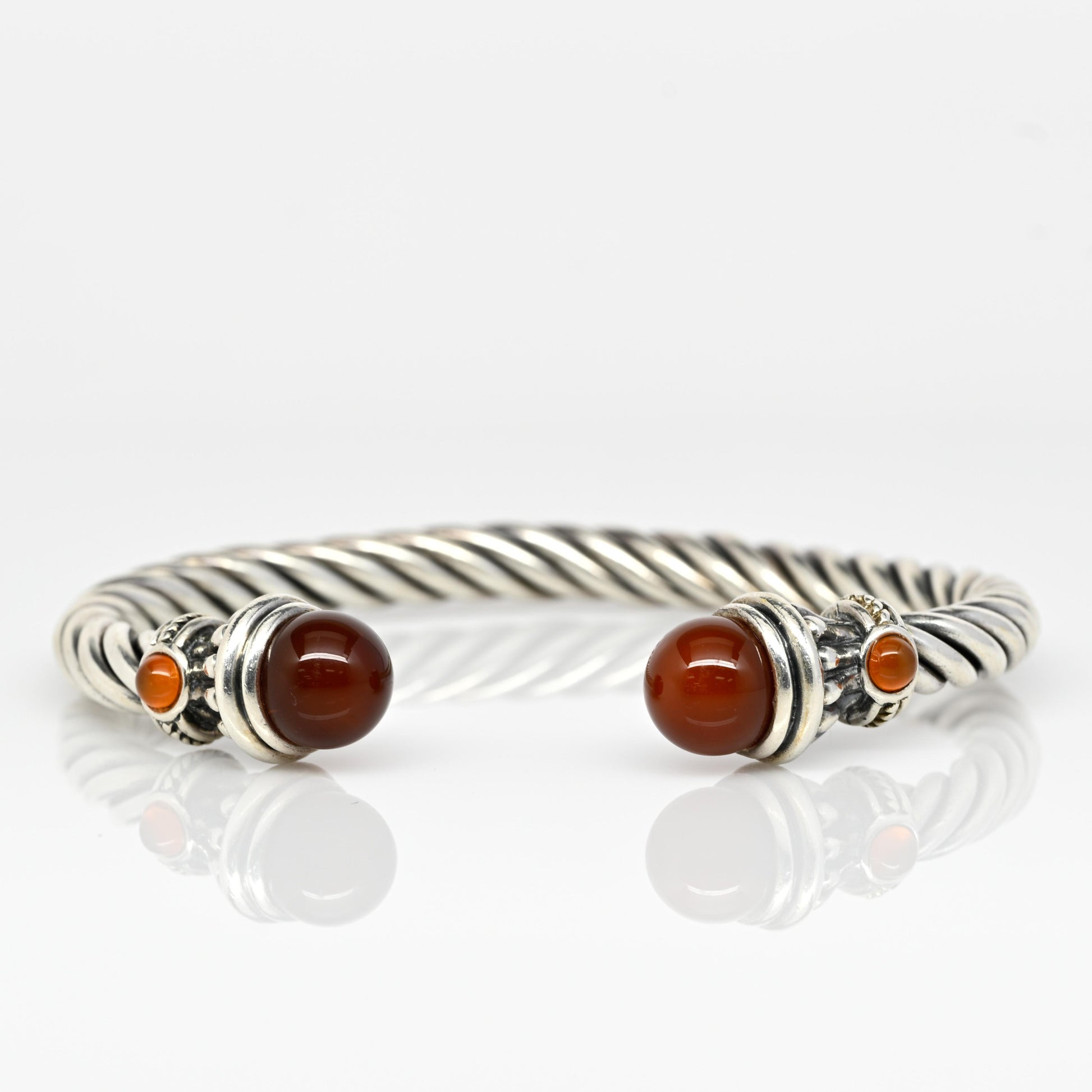 Twisted Rope Sterling Silver Cuff Bracelet Red Orange Gemstone Ends