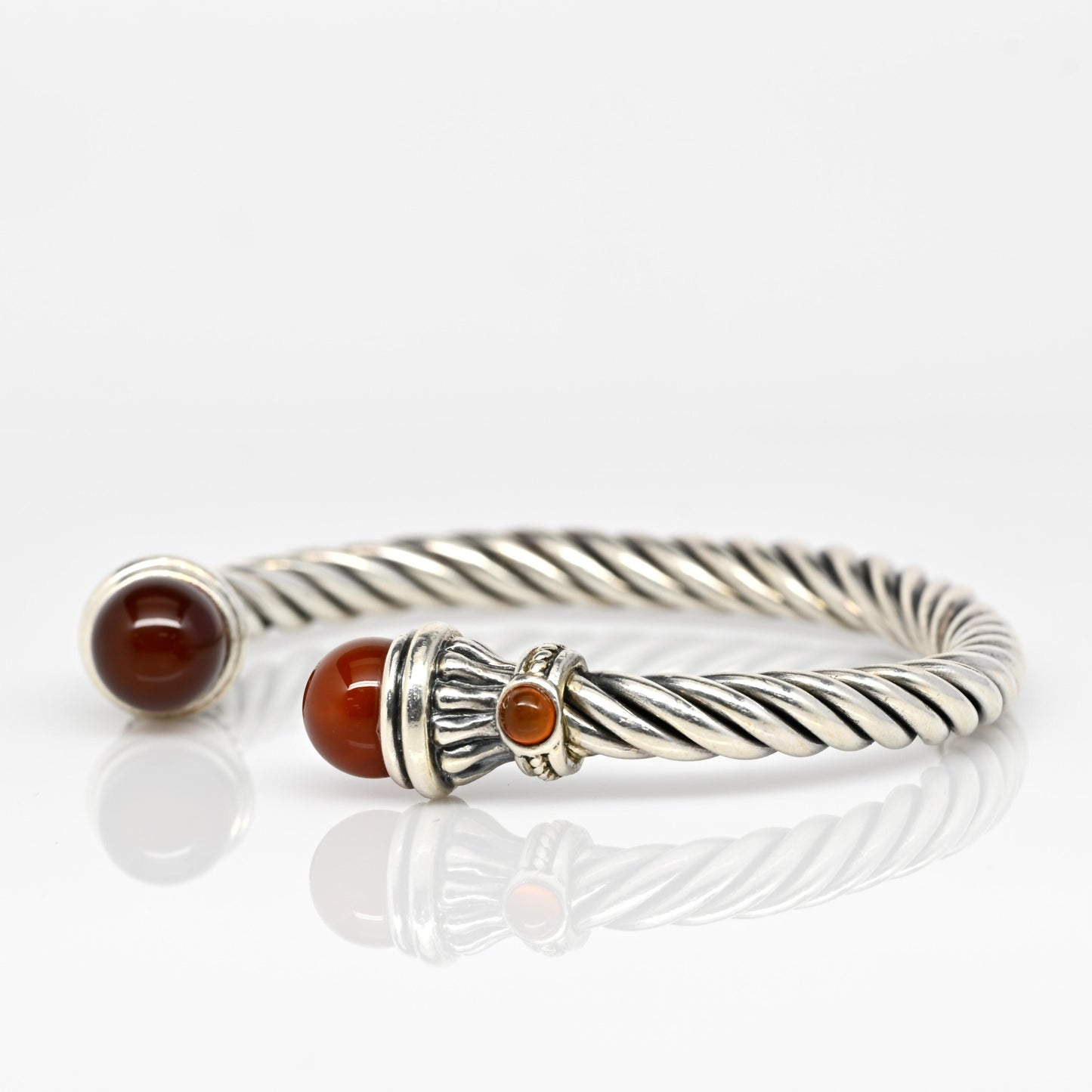 Twisted Rope Sterling Silver Cuff Bracelet Red Orange Gemstone Ends