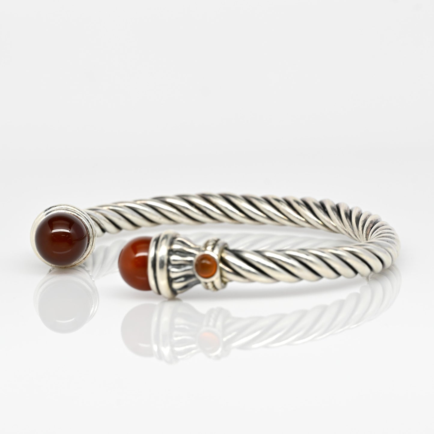 Twisted Rope Sterling Silver Cuff Bracelet Red Orange Gemstone Ends