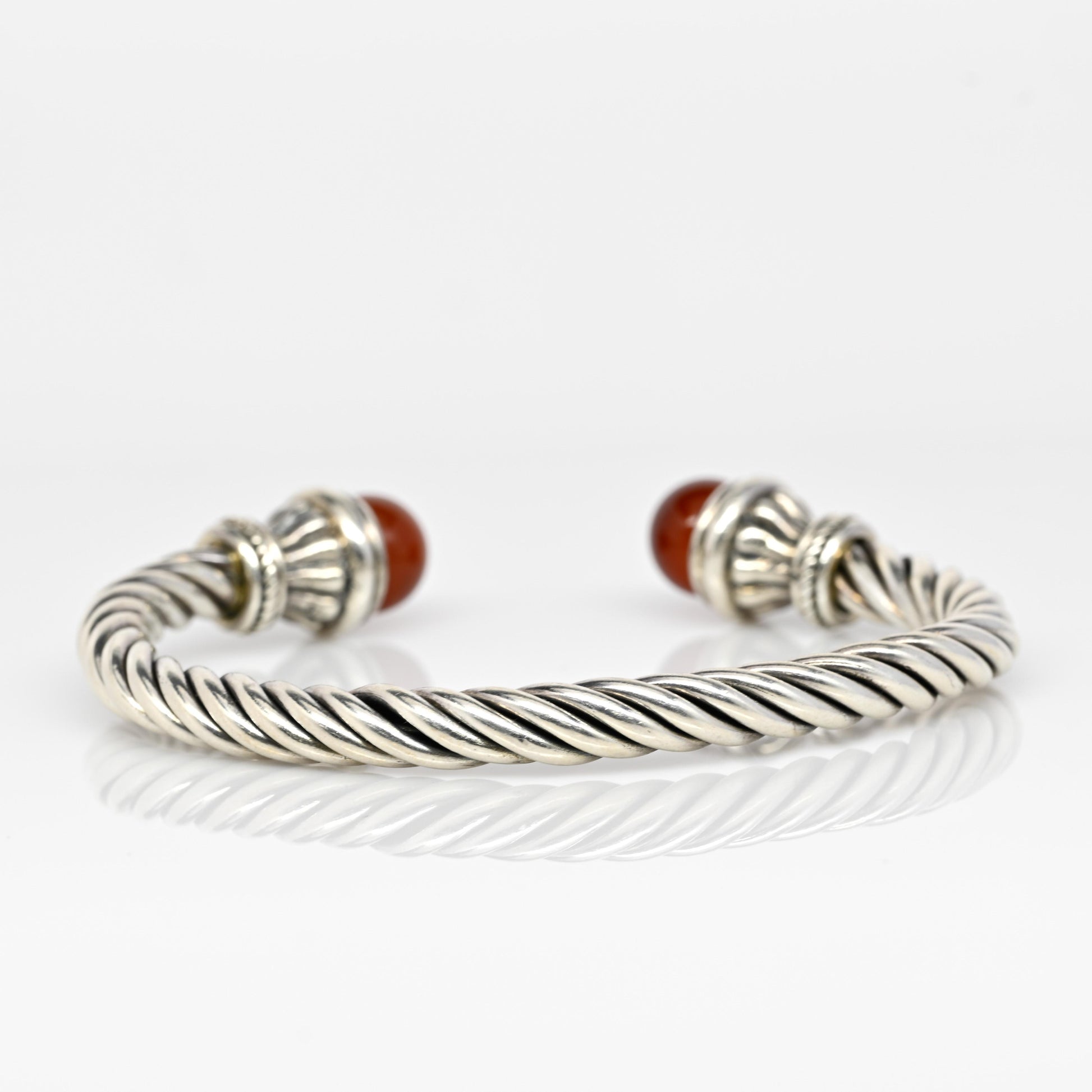 Twisted Rope Sterling Silver Cuff Bracelet Red Orange Gemstone Ends