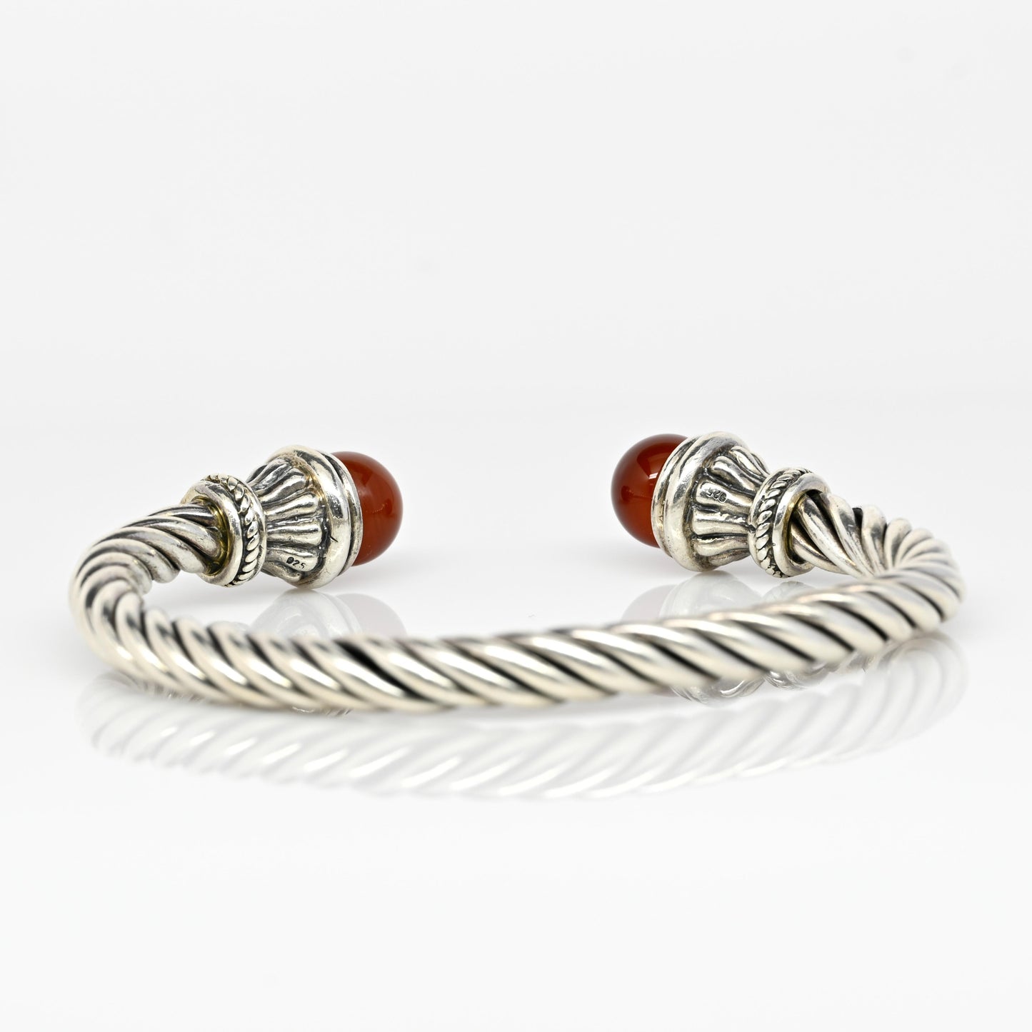 Twisted Rope Sterling Silver Cuff Bracelet Red Orange Gemstone Ends