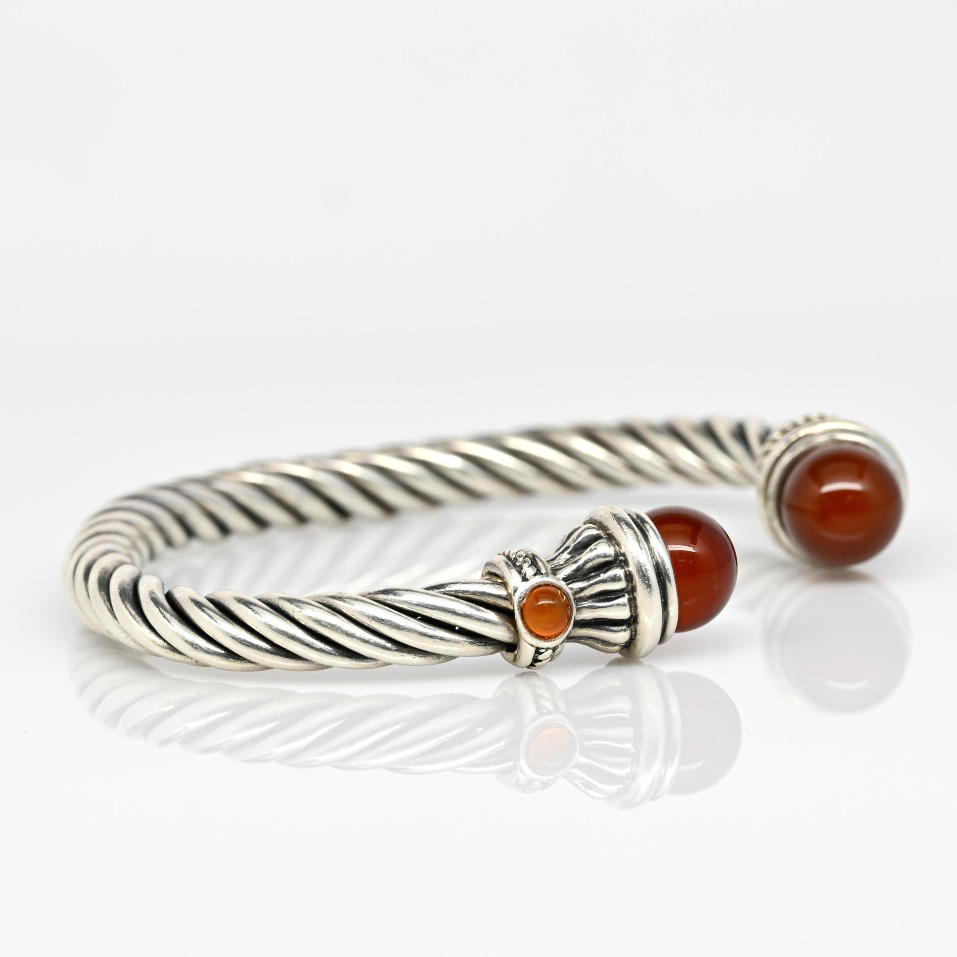 Twisted Rope Sterling Silver Cuff Bracelet Red Orange Gemstone Ends