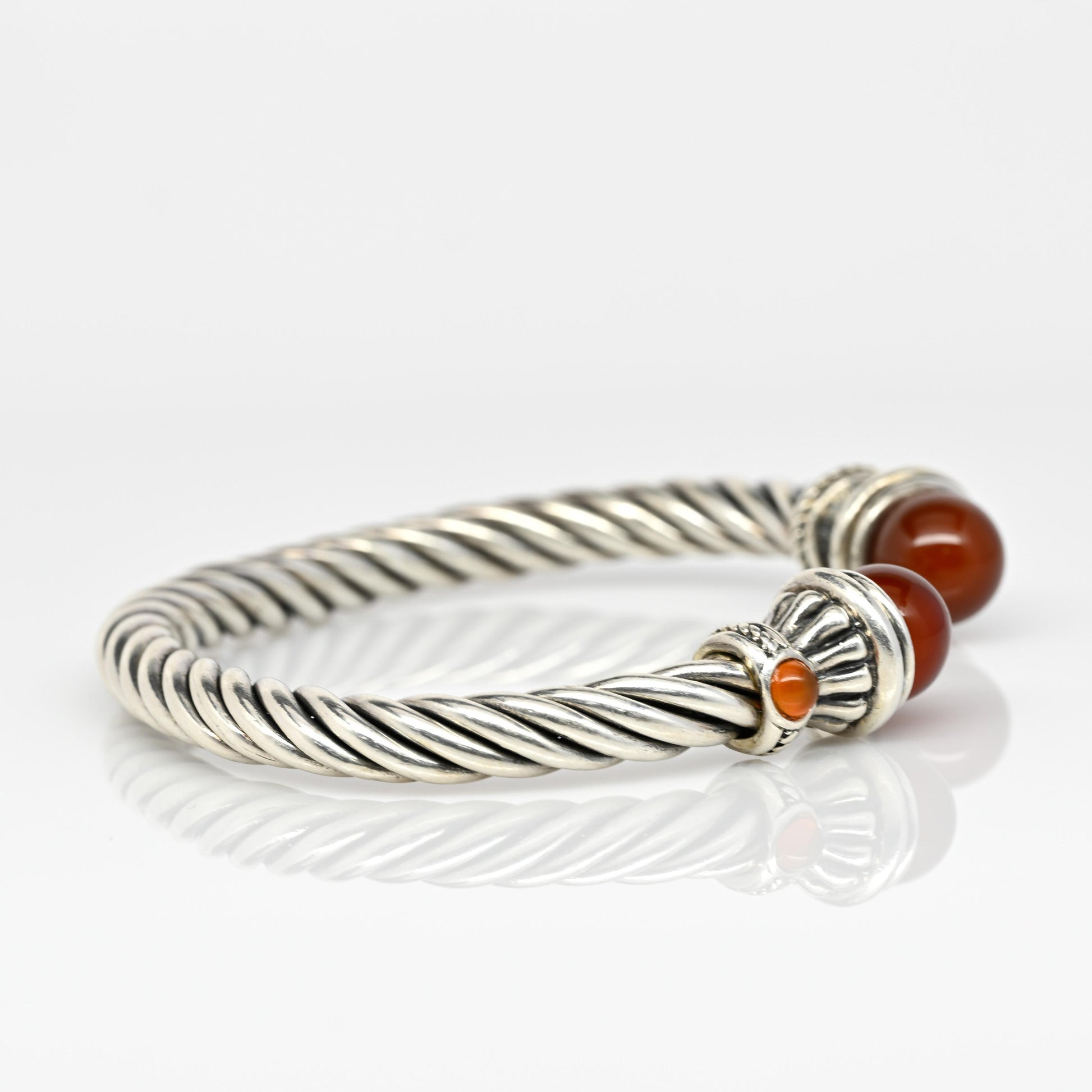 Twisted Rope Sterling Silver Cuff Bracelet Red Orange Gemstone Ends