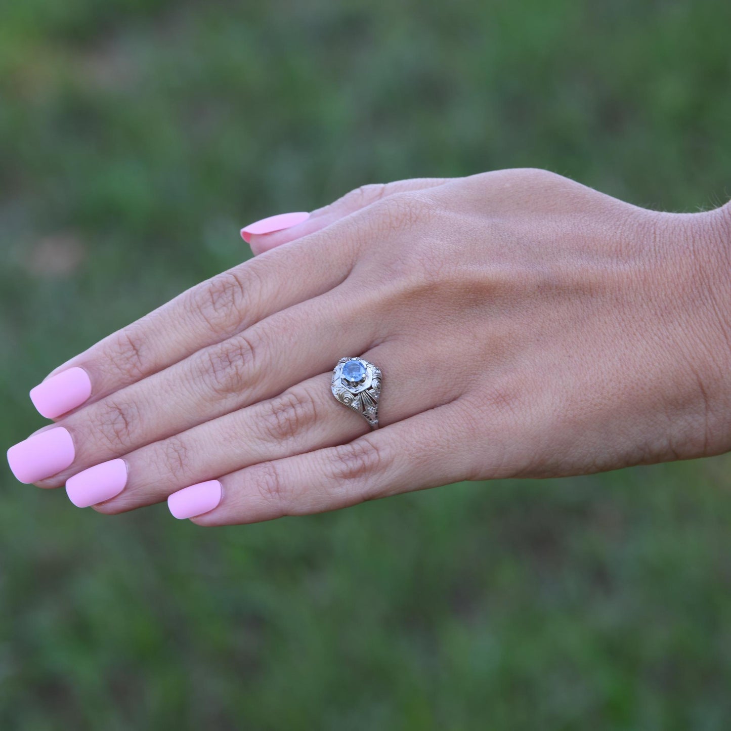 Art Deco Blue Sapphire Platinum Filigree Ring