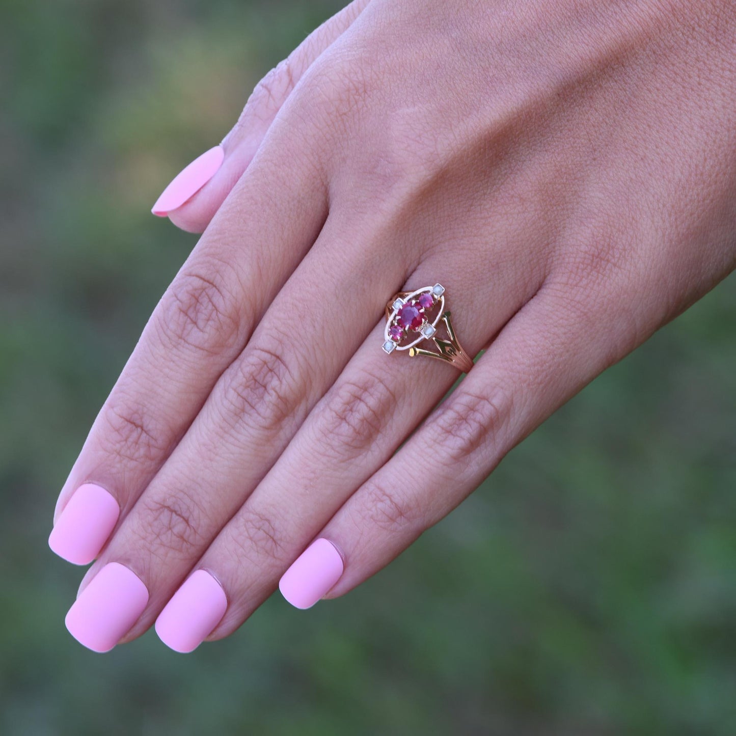 Victorian Garnet and Seed Pearl ring in 10k Yellow Gold