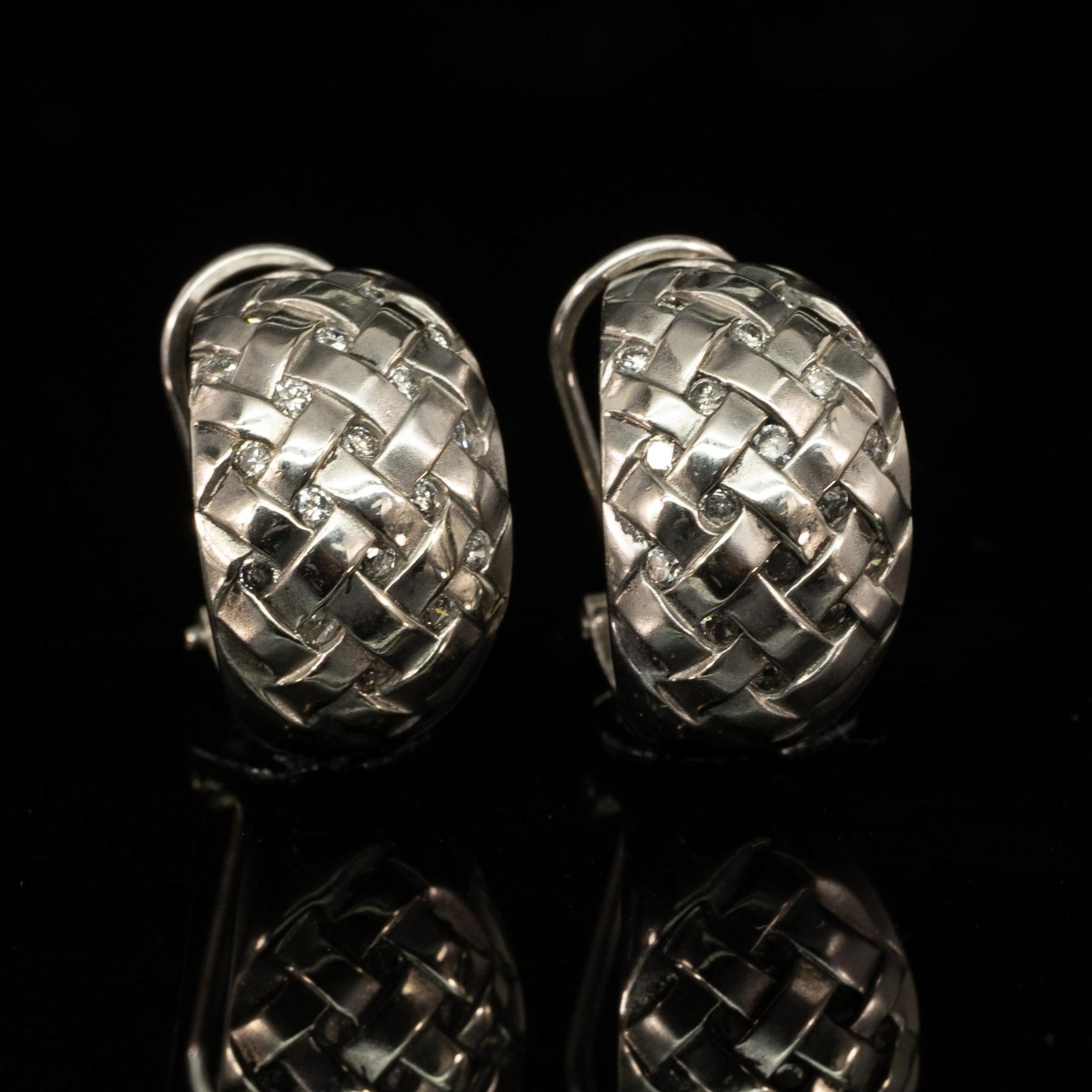 Basket Weave Diamond Earrings 14k White Gold Omega Back