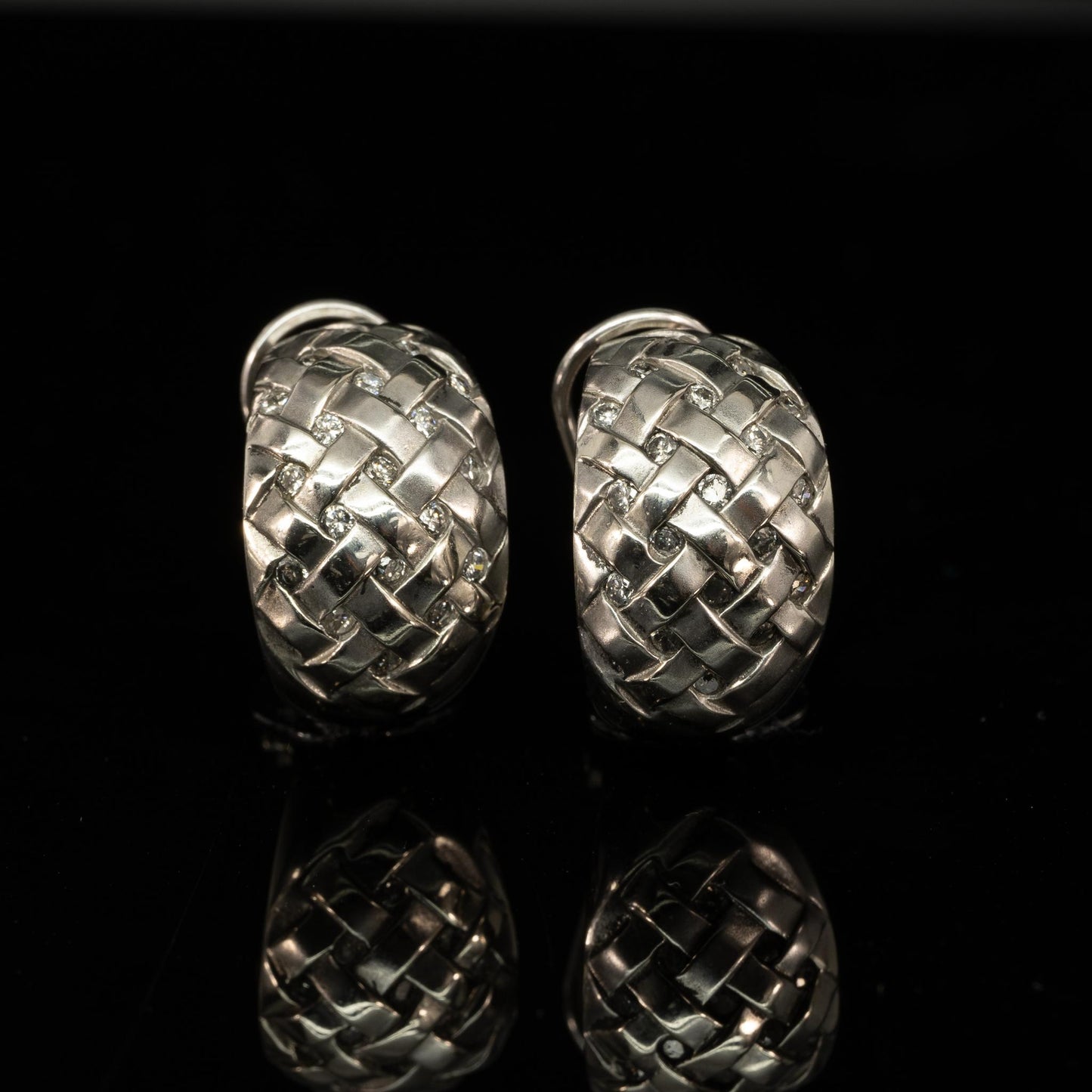 Basket Weave Diamond Earrings 14k White Gold Omega Back