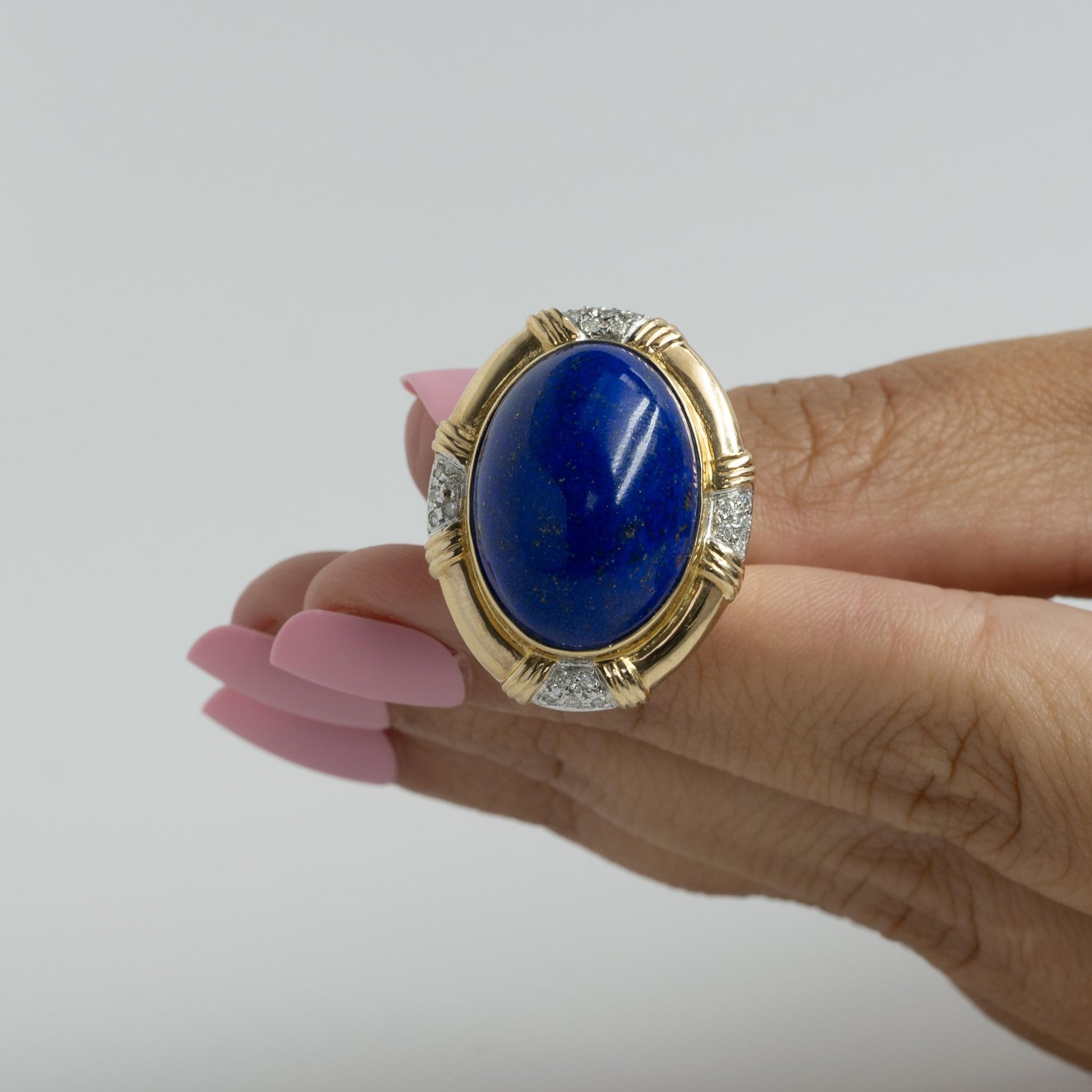 Lapis Lazuli Oval Cabochon w Diamonds 14k Yellow Gold Statement Ring