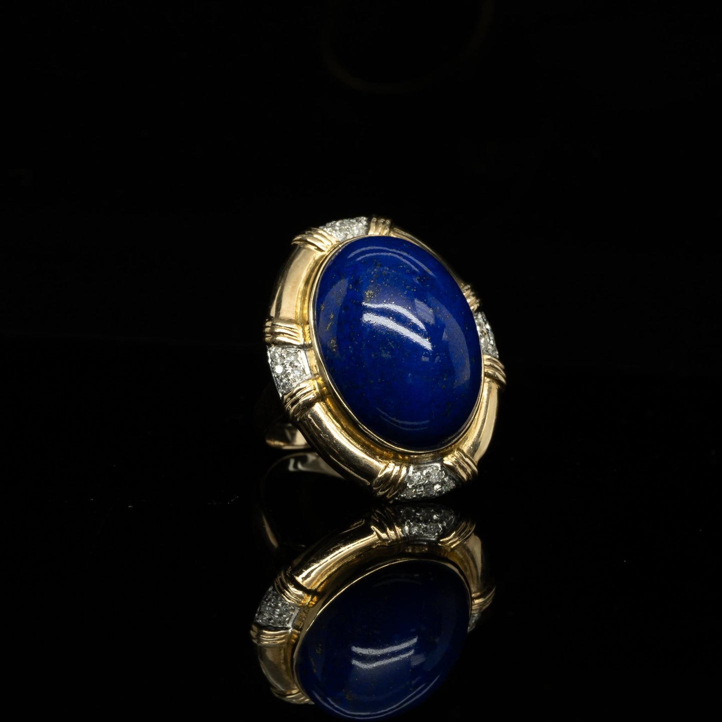 Lapis Lazuli Oval Cabochon w Diamonds 14k Yellow Gold Statement Ring