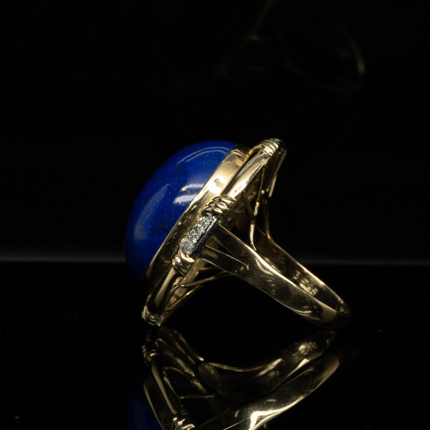 Lapis Lazuli Oval Cabochon w Diamonds 14k Yellow Gold Statement Ring