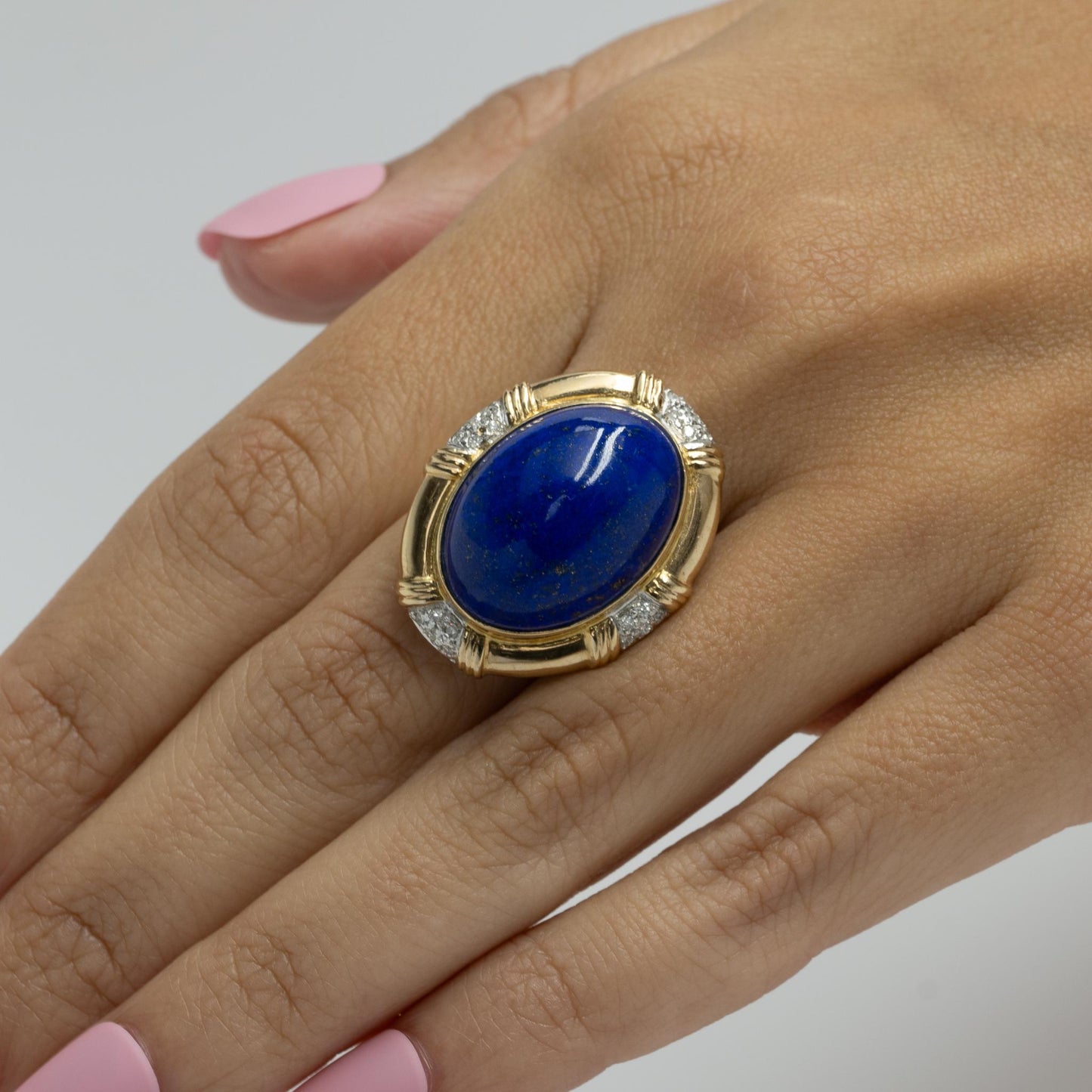 Lapis Lazuli Oval Cabochon w Diamonds 14k Yellow Gold Statement Ring