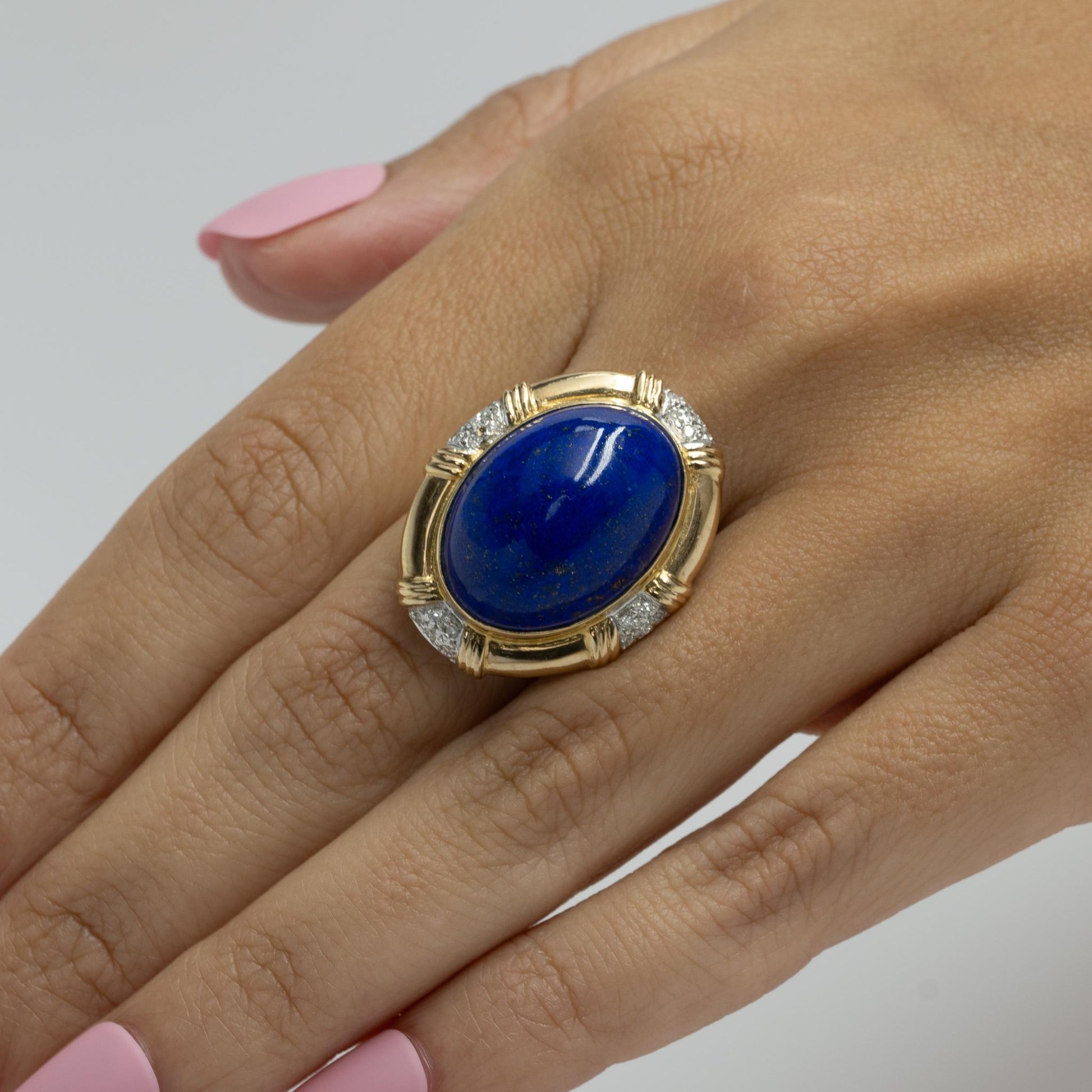 Lapis Lazuli Oval Cabochon w Diamonds 14k Yellow Gold Statement Ring