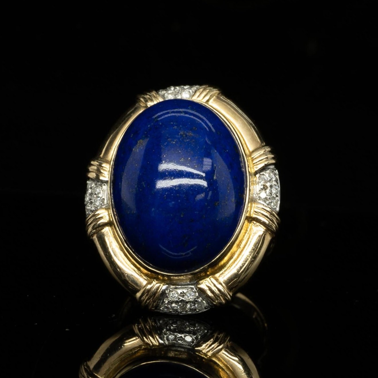 Lapis Lazuli Oval Cabochon w Diamonds 14k Yellow Gold Statement Ring