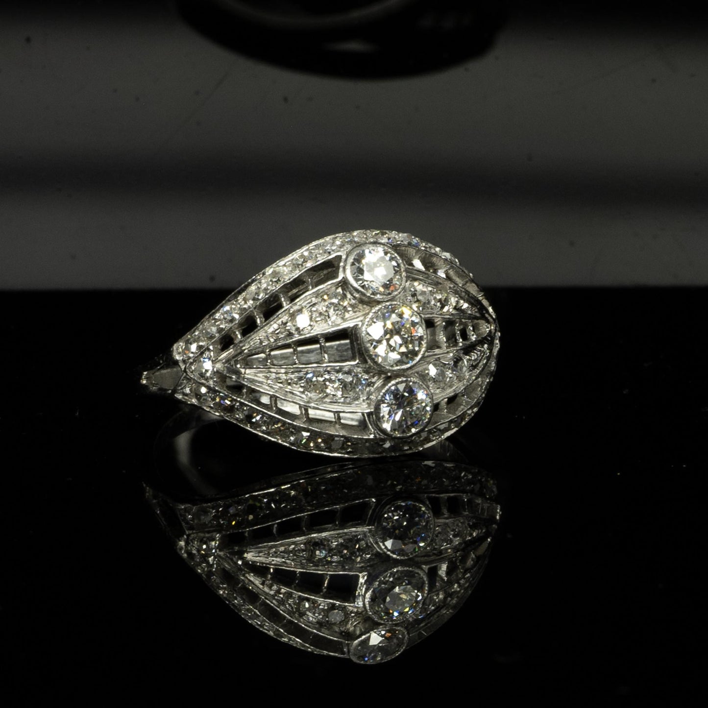 Edwardian 1.77c Old European Cut Diamond Platinum Antique Filigree Cocktail Ring