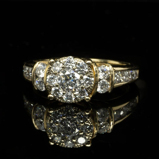 Diamond "3 Stone" Illusion Cluster 14K Yellow Gold Diamond Engagement Ring