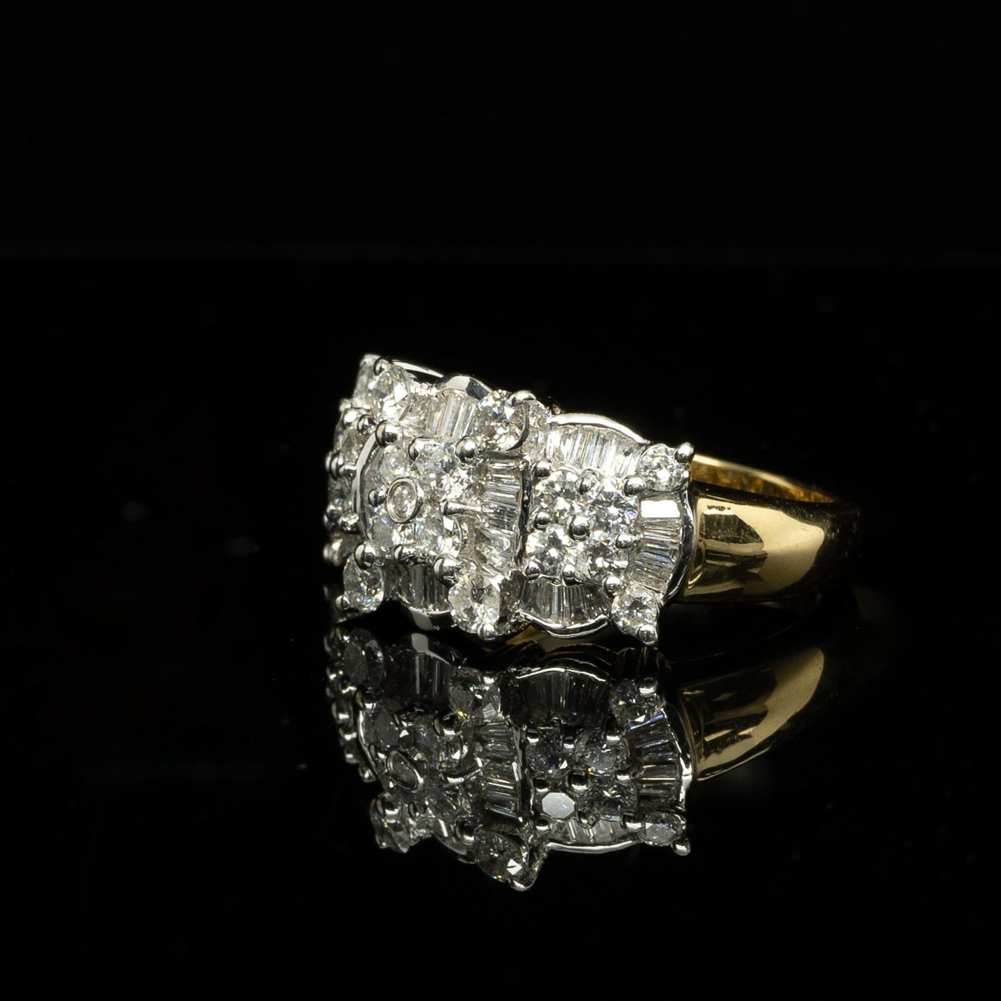 2.2ctw Diamond Round & Baguette "3 Stone" Illusion Cluster 18K Yellow Gold Ring