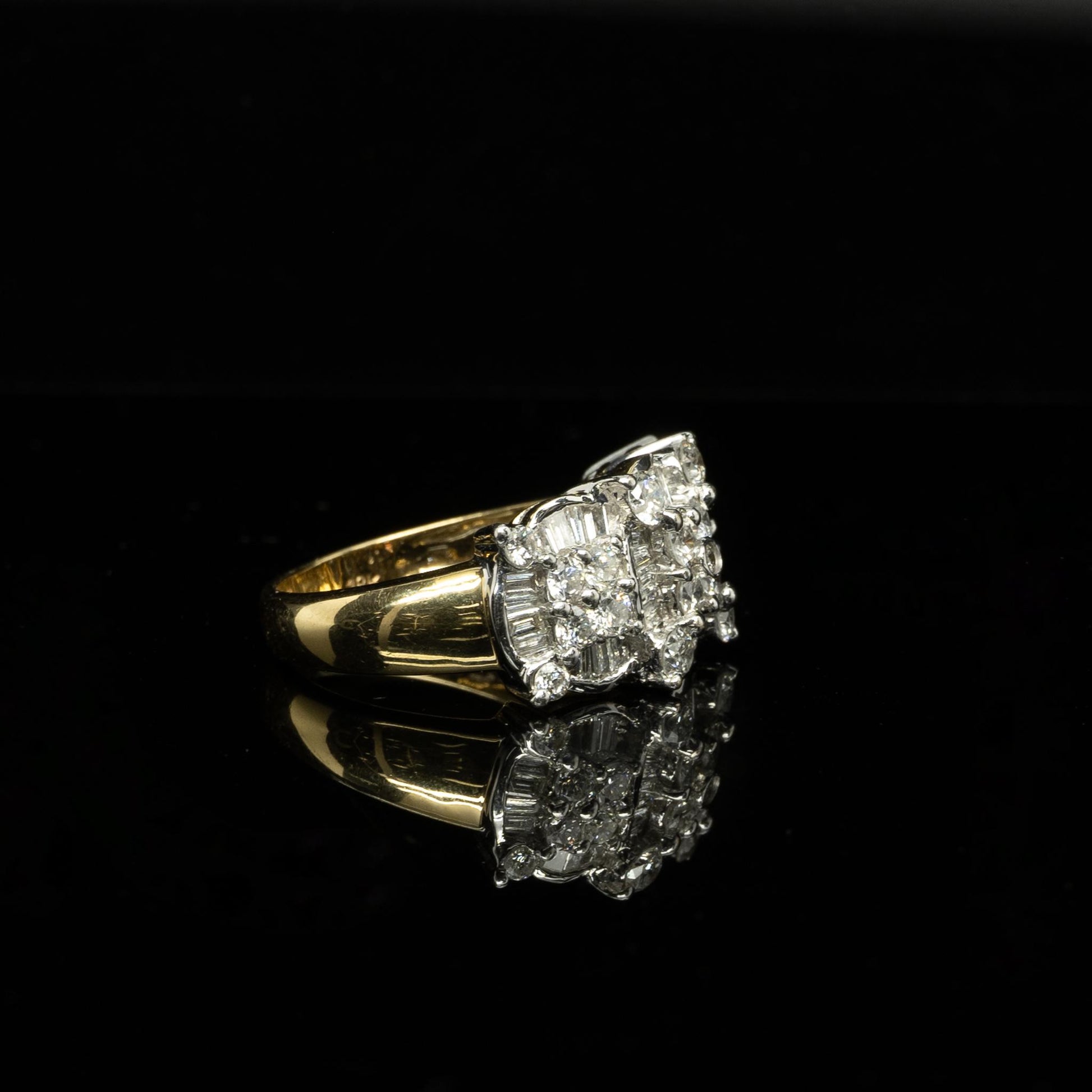 2.2ctw Diamond Round & Baguette "3 Stone" Illusion Cluster 18K Yellow Gold Ring