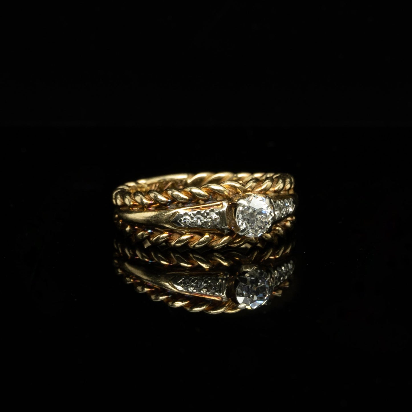 Retro Old Mine Cut Diamond Engagement Ring w Rope Motif Enhancer Bands 14k Gold